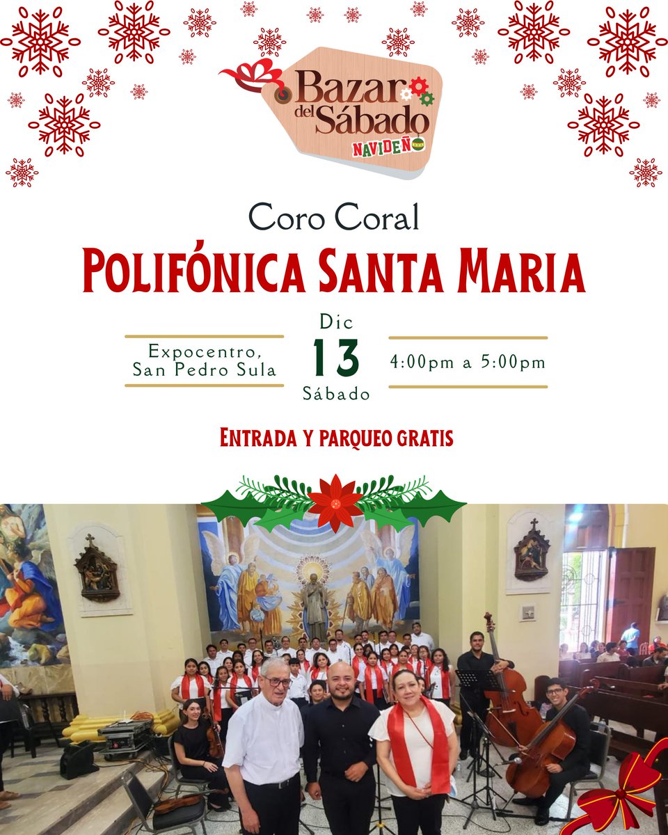 Esta tarde déjate envolver por las voces que llenan la Navidad de emoción 🎄✨
El Coro Coral Polifónica Santa María se presentará hoy en el Bazar Navideño, creando un espacio de encuentro familiar y celebración, mientras apoyamos lo local.
¡No te lo pierdas!

#Expocentro #SPS