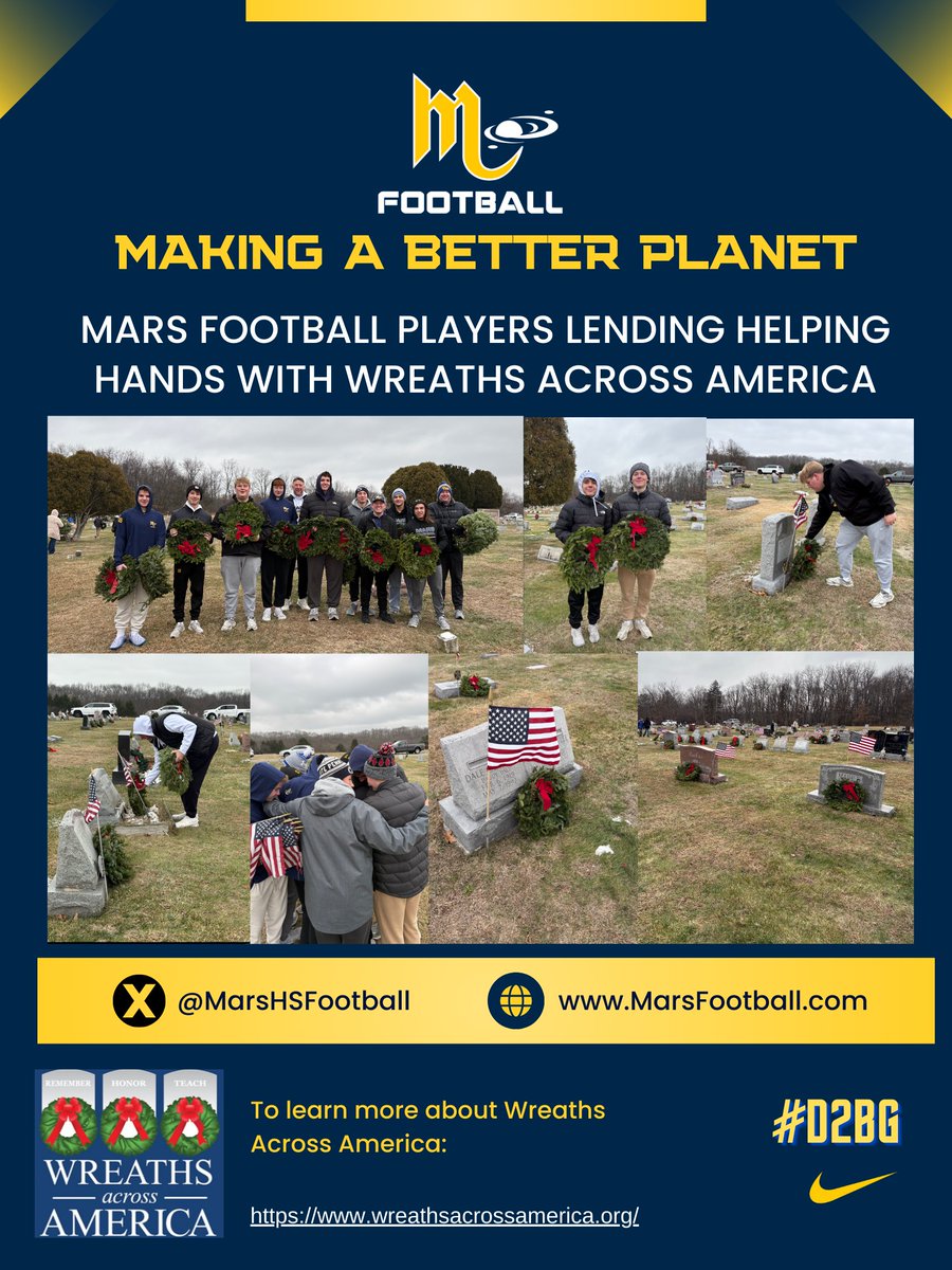 MarsHSFootball's tweet image. Today our boys joined the Mars VFW and other volunteers to put wreaths on the gravesites of our fallen soldiers from the Mars community.   

To learn more about Wreaths Across America visit:
wreathsacrossamerica.org

#WreathsAcrossAmerica #MakingABetterPlanet 

#D2BG 👽🏈💪🎄
