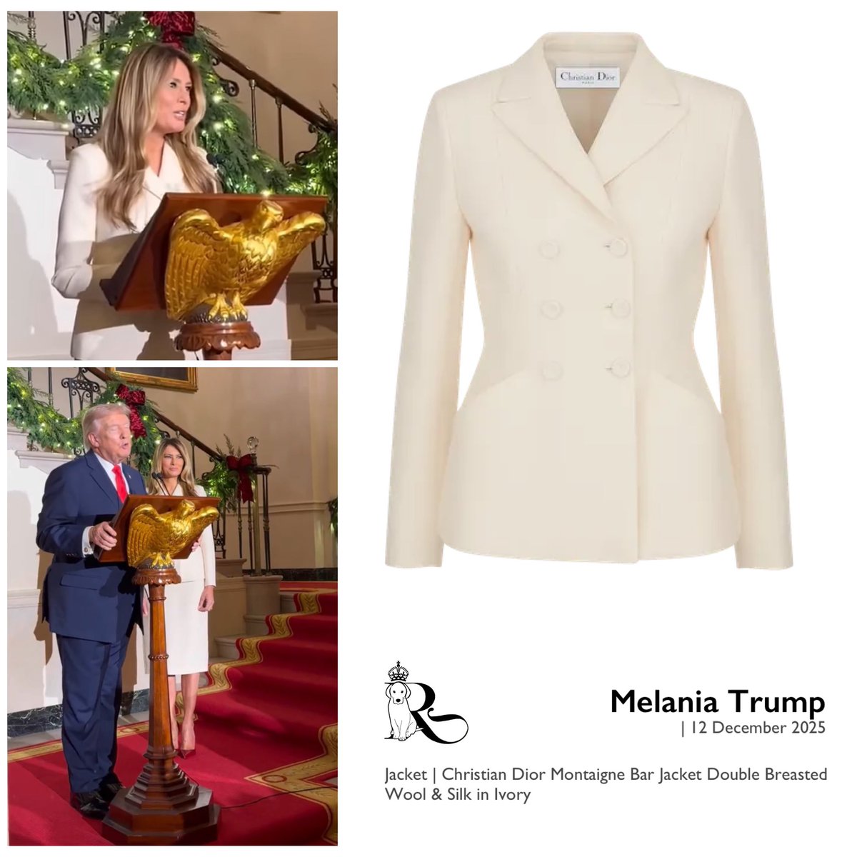 Last evening, President Donald Trump and First Lady Melania Trump spoke to party attendees at a White House Holiday Event.  
The First Lady is wearing the iconic Christian Dior Montaigne Bar Jacket in Ivory.
#FLOTUS