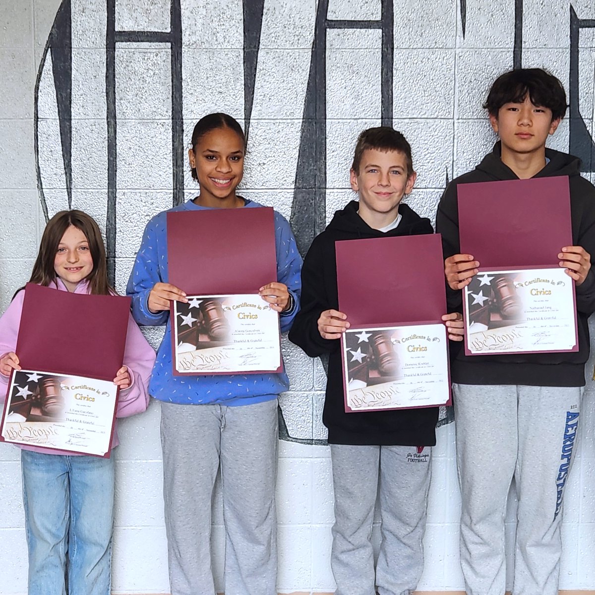 ValhallaSchools's tweet photo. Congratulations to Valhalla Middle School's sixth grader Lilian Garofano, eighth grader Alanna Goncalves, sixth grader Domenic Koehler and seventh grader Nathanael Jang, who were the November recipients of the VMS Civics Awards. The month's theme was "Thankful and Grateful." https://t.co/4PJc5qMhWA