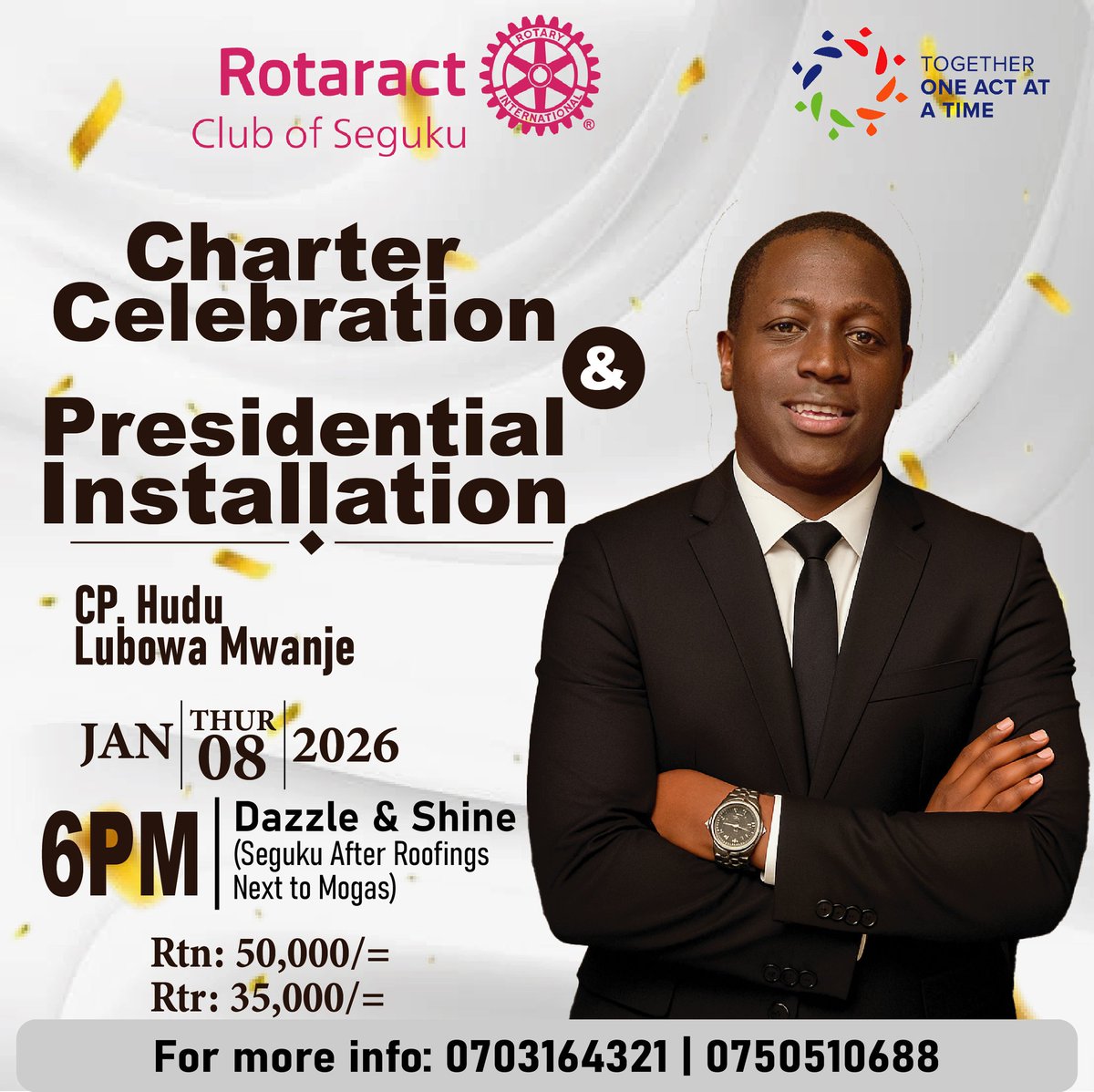 Rotaract_Seguku's tweet photo. Charter Celebration &amp; Presidential Installation 🎉
Join us as we install CP. Hudu Lubowa Mwanje and mark a new chapter of service and leadership.
📅 Jan 8, 2026 | 🕕 6PM | 📍 Seguku

#Rotaract #CharterCelebration #PresidentialInstallation #ServiceAboveSelf #Leadership https://t.co/6GMQh4wnLs