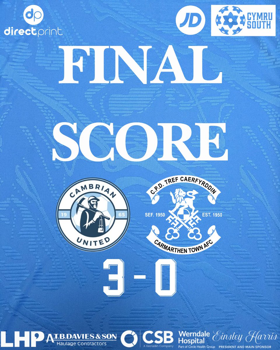 CarmarthenAFC's tweet image. Full Time | Sgôr Terfynol 

@CamUtdMen 3-0 Carmarthen Town AFC 

Defeat on the road. 

Cambrian sy'n ennill y triphwynt.

#UnHenAur #OneOldGold