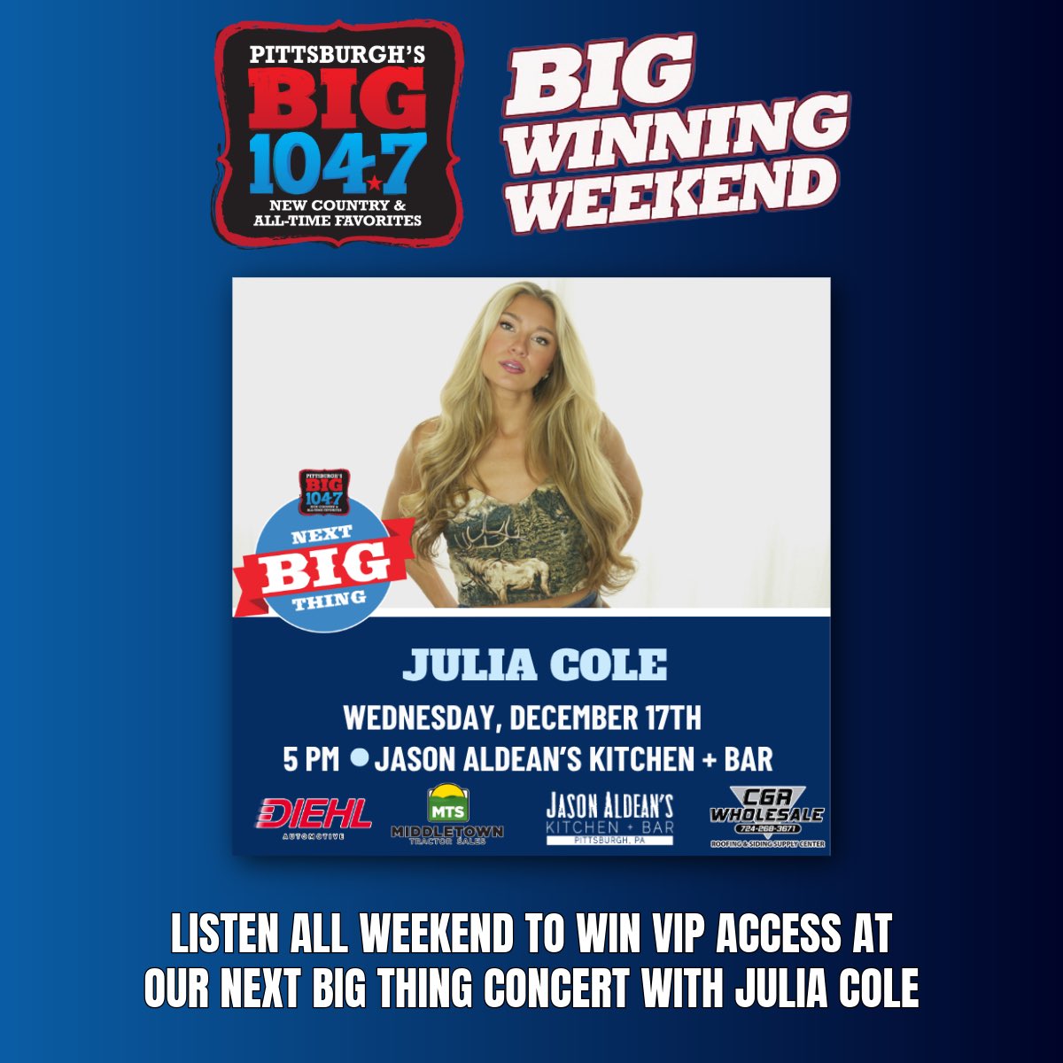 big1047's tweet image. 🚨 BIG WINNING WEEKEND 🚨 We’ve got VIP access for you at our #NextBIGThing concert with @JuliaColeMusic this Wednesday at @jasonaldeans! Free food, guaranteed seating and a meet &amp;amp; greet with Julia!

👉 big1047.iheart.com/listen