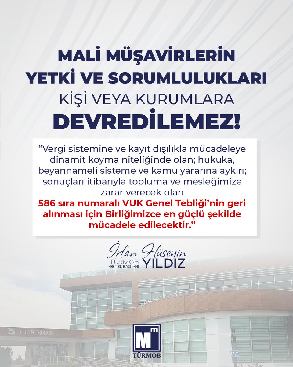 MALİ MÜŞAVİRLERİN YETKİ VE SORUMLULUKLARI KİŞİ VEYA KURUMLARA DEVREDİLEMEZ!

Vergi sistemine ve kayıt dışılıkla mücadeleye dinamit koyma niteliğinde olan; hukuka, beyannameli sisteme ve kamu yararına aykırı; sonuçları itibarıyla topluma ve mesleğimize zarar verecek olan, 586 sıra