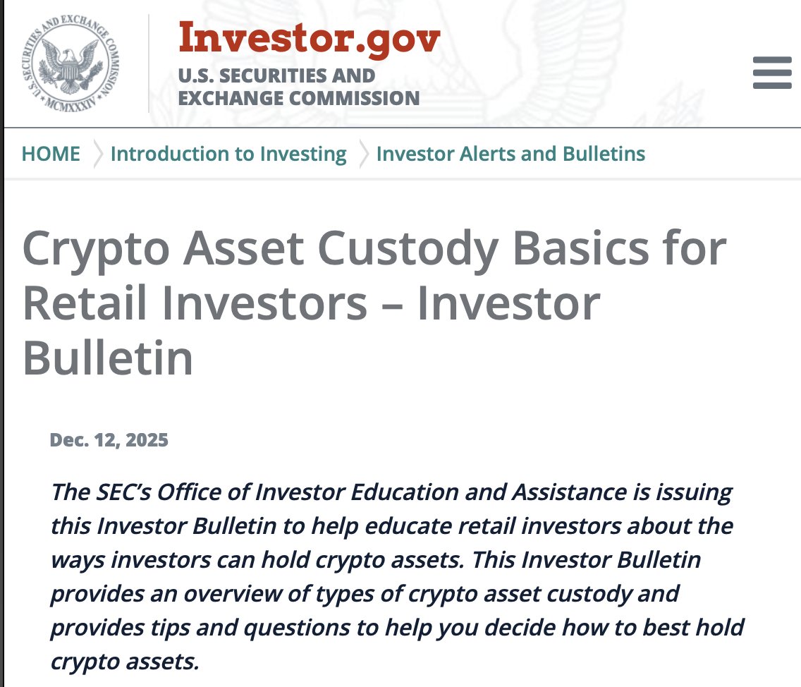 NEW: 🇺🇸 The SEC issues an investor bulletin explaining the basics of crypto  custody, including Hot vs. Cold Wallets, Self vs. Third-Party Custody, and  advising readers not to share their private keys.