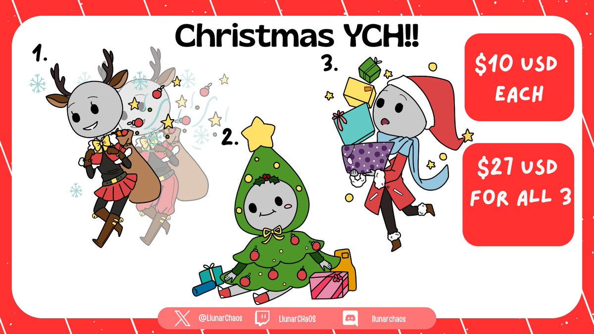 My first Christmas YCH are here! 🎄
- 1 for $10 and all 3 for $27
-you can change colors or some details but not the overall design
- You can request it through Vgen or at my Dms
Rts are appreciated!