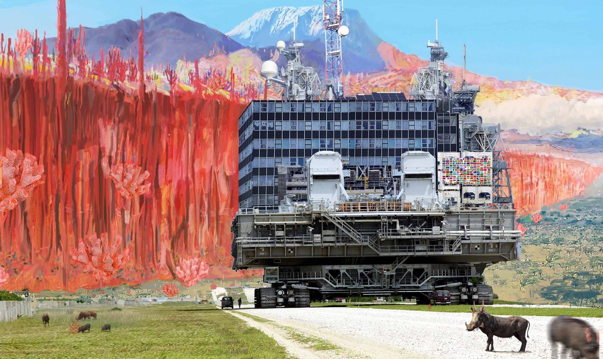 A former #NASA crawler, dismantled and shipped to Africa at vast expense, forms the base of a mobile observation science station, slowly keeping pace with the inexorable expansion down the mountain and accross the savannah toward the city of the #alien lifeform: the Chaga