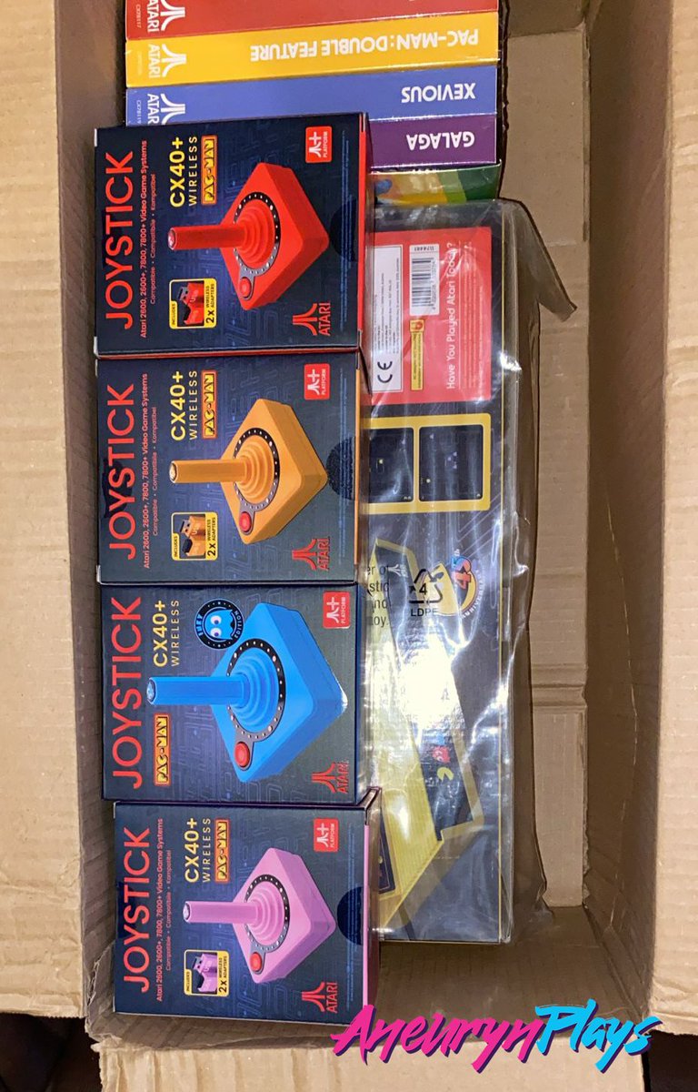 AneurynPlays's tweet photo. My mother just sent me this photo from the UK.

Gamers...

...we got them!
#Atari #Atari2600Plus #PacMan #PacMan45 https://t.co/W2KUMdksKg