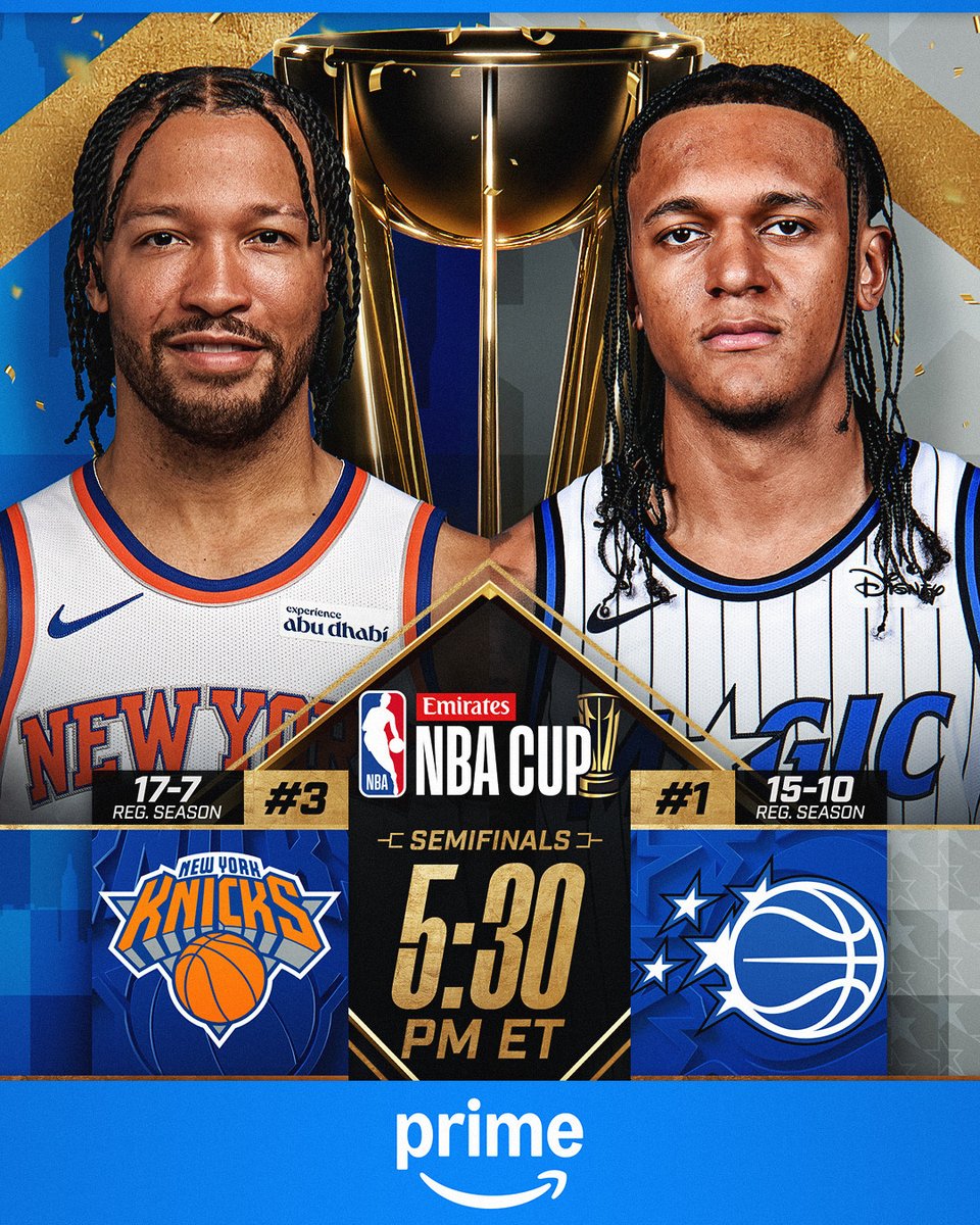 KNICKS vs. MAGIC for an @emirates NBA Cup Championship berth! 🍿
🏆 #2 vs. #4 in the East
🏆 NYK: #1 NBA Cup Off. RTG (129.4)
🏆 ORL: #3 NBA Cup Def. RTG (104.6)
Tipoff: 5:30 PM ET on Prime