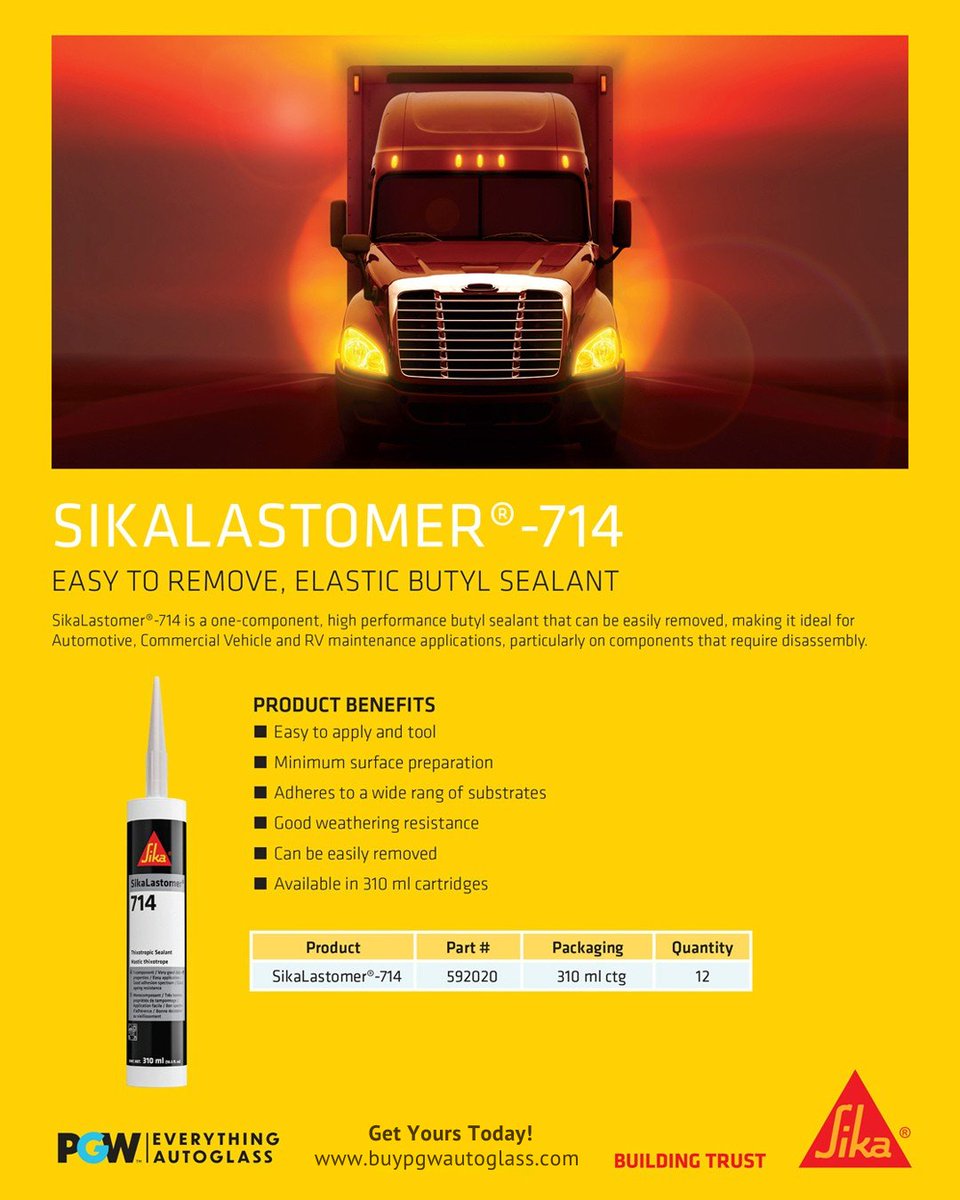 SikaLastomer®-714 is the easy-to-remove, elastic butyl sealant perfect for automotive, commercial, and RV applications where components need to be disassembled.

Get yours today! 
buypgwautoglass.com

#SikaLastomer #ButylSealant #PGW #Sika #autoglass #Automotive #RVRepair