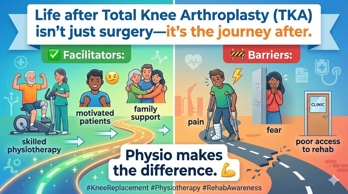Praneeth47232's tweet photo. 🦵 Life after Total Knee Arthroplasty (TKA) isn’t just surgery—it’s the journey after.
🎯Facilitators: motivated patients, skilled physiotherapy, family support
🚧 Barriers: pain, fear, poor access to rehab
Physio makes the difference. 💪
#KneeReplacement #Physiotherapy https://t.co/FrbhoUschF