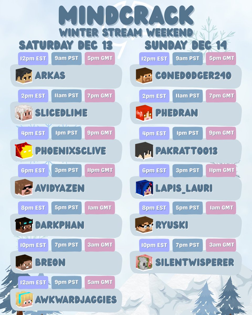 🔴#Mindcrack Stream Weekend Day 1 is live! 
(times in ET)
--
12pm - twitch.tv/Arkas 
2pm - twitch.tv/slicedlime 
4pm - twitch.tv/Phoenixsclive 
6pm - twitch.tv/AvidyaZen 
8pm - twitch.tv/darkphan 
10pm - twitch.tv/Breon 
12am - twitch.tv/AwkwardJaggies
