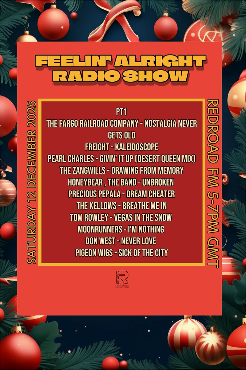 FeelinPromo's tweet photo. On today’s #feelinalrightradioshow on @RedroadFM 5:00 - 7pm GMT Pt1 The Fargo Railroad Company 
@Freight_Band @pearl_charles @thezangwillsUK Honeybear, the Band
@preciouspepala The Kellows
Tom Rowley, MoonRunners, DON WEST
@pigeonwigsband #Locallist #newmusic #emergingartists https://t.co/Pvo3hBacxt
