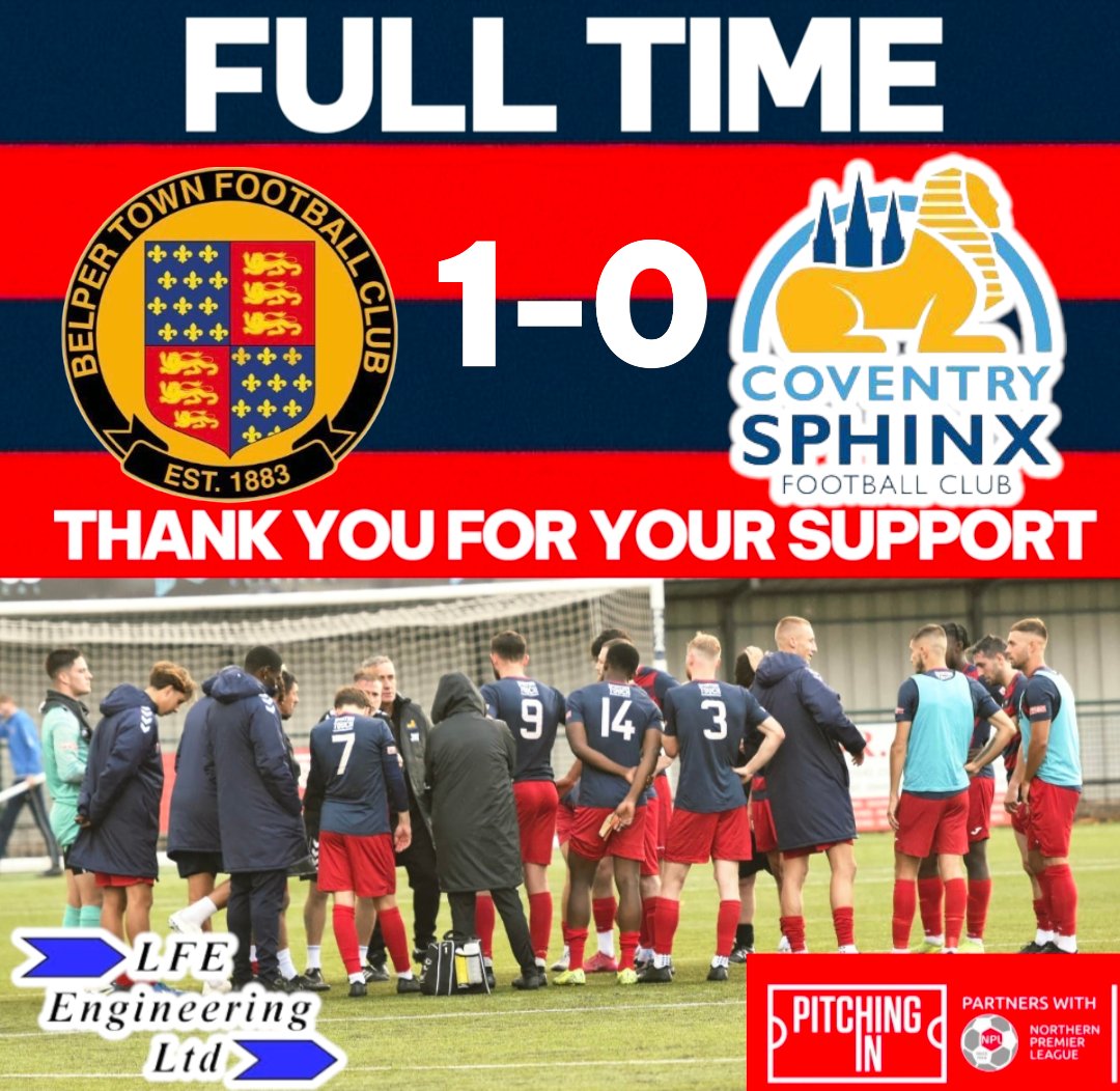 CoventrySphinx's tweet image. FULL TIME ⚽🥅

🟨 Belper Town 1

🟥 Coventry Sphinx 0

Coventry Sphinx gave it their all against Belper Town, but unfortunately leave empty handed. A hard fought contest from start to finish. Best of luck for the rest of the season, Belper ⚽💙

#CoventrySphinx #nonleague