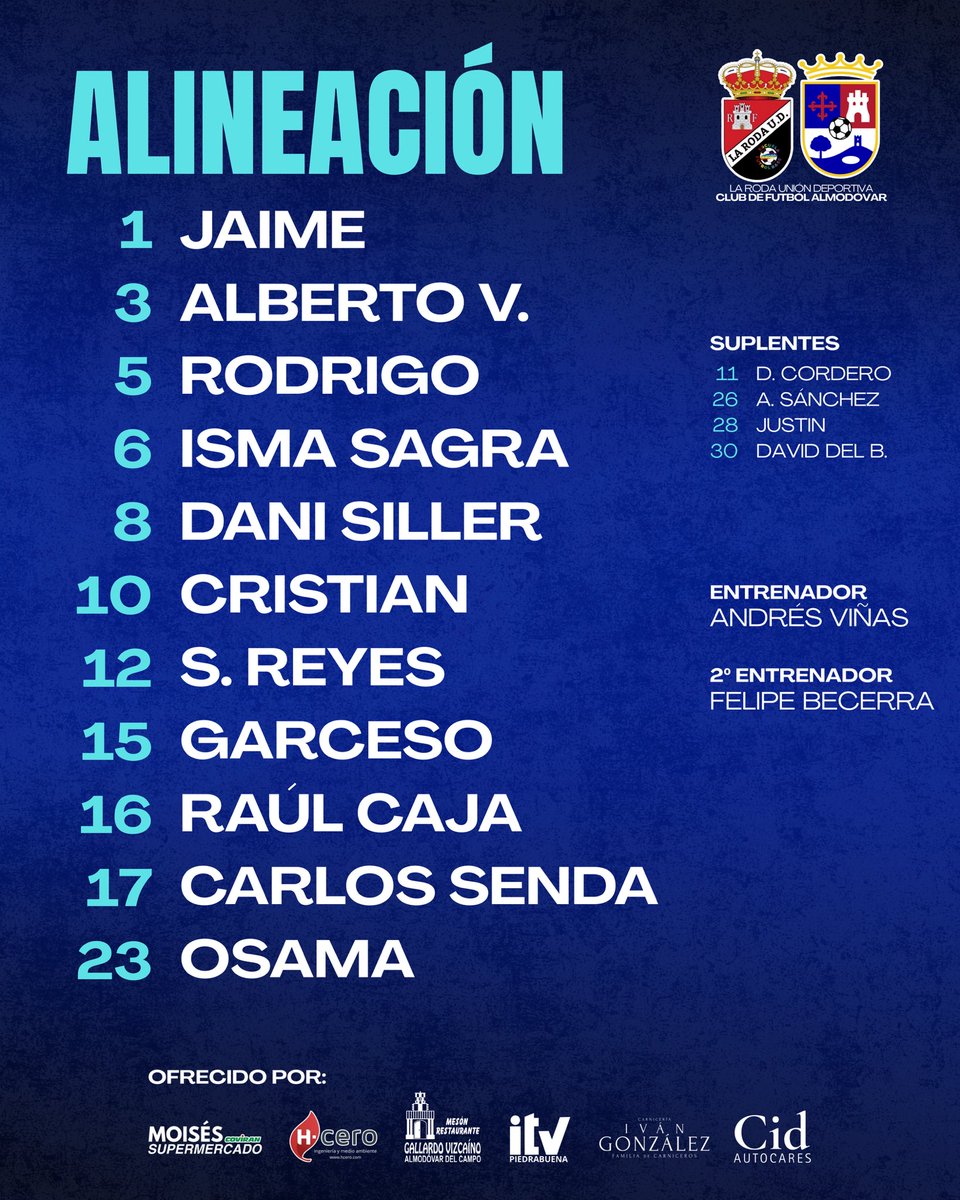 🛡️𝐀𝐋𝐈𝐍𝐄𝐀𝐂𝐈𝐎́𝐍 

Hoy saltamos a “El Vencejero” de La Roda con el siguiente once:

🆚 <a href="/LARODAUD/">LARODAUD</a>