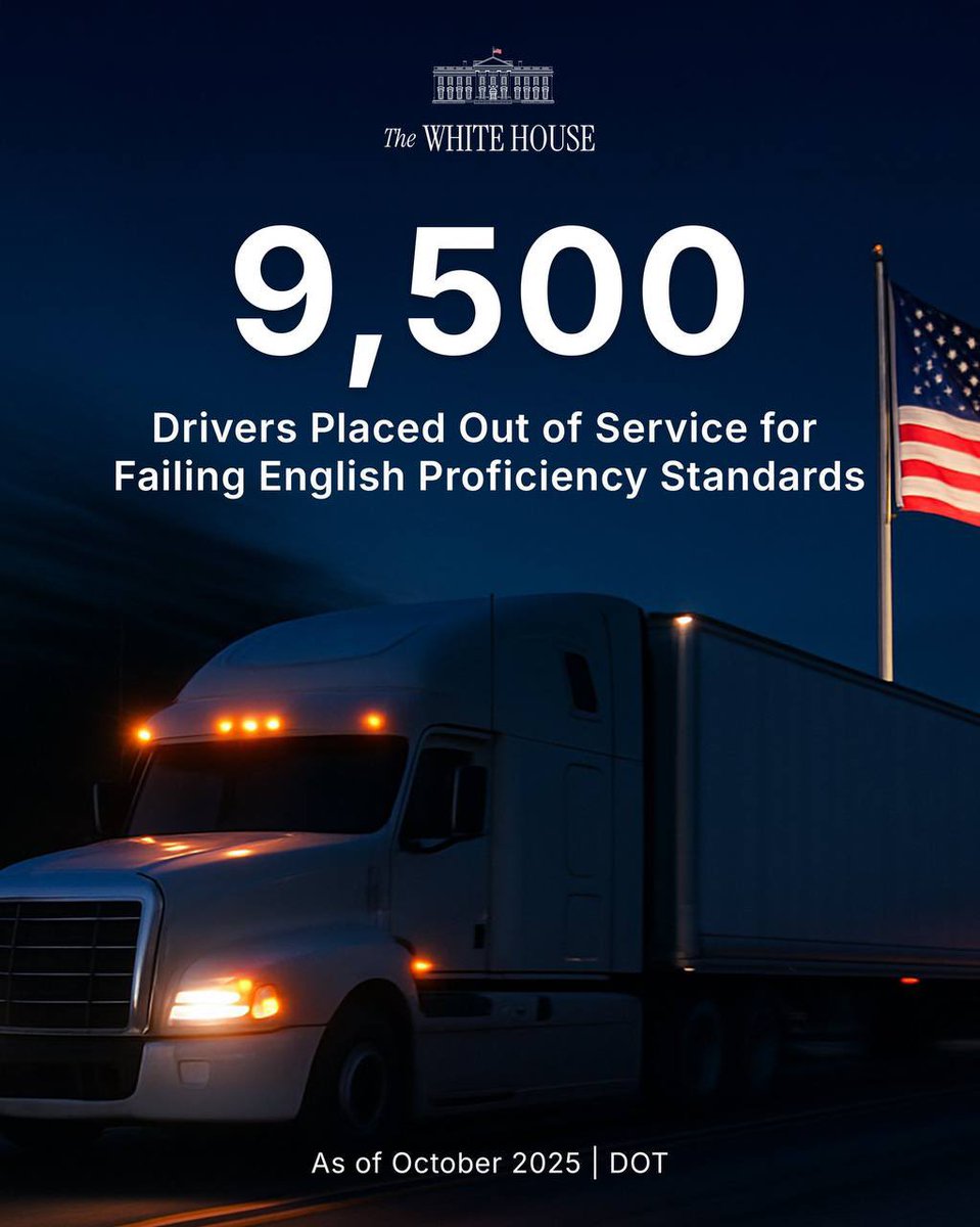 The Trump Admin will continue to strictly enforce laws to keep America’s highways safe. No one will be allowed behind the wheel of any commercial vehicle—unless they are in this country legally, properly trained, and proficient in ENGLISH. 

American lives depend on it.

#Trump