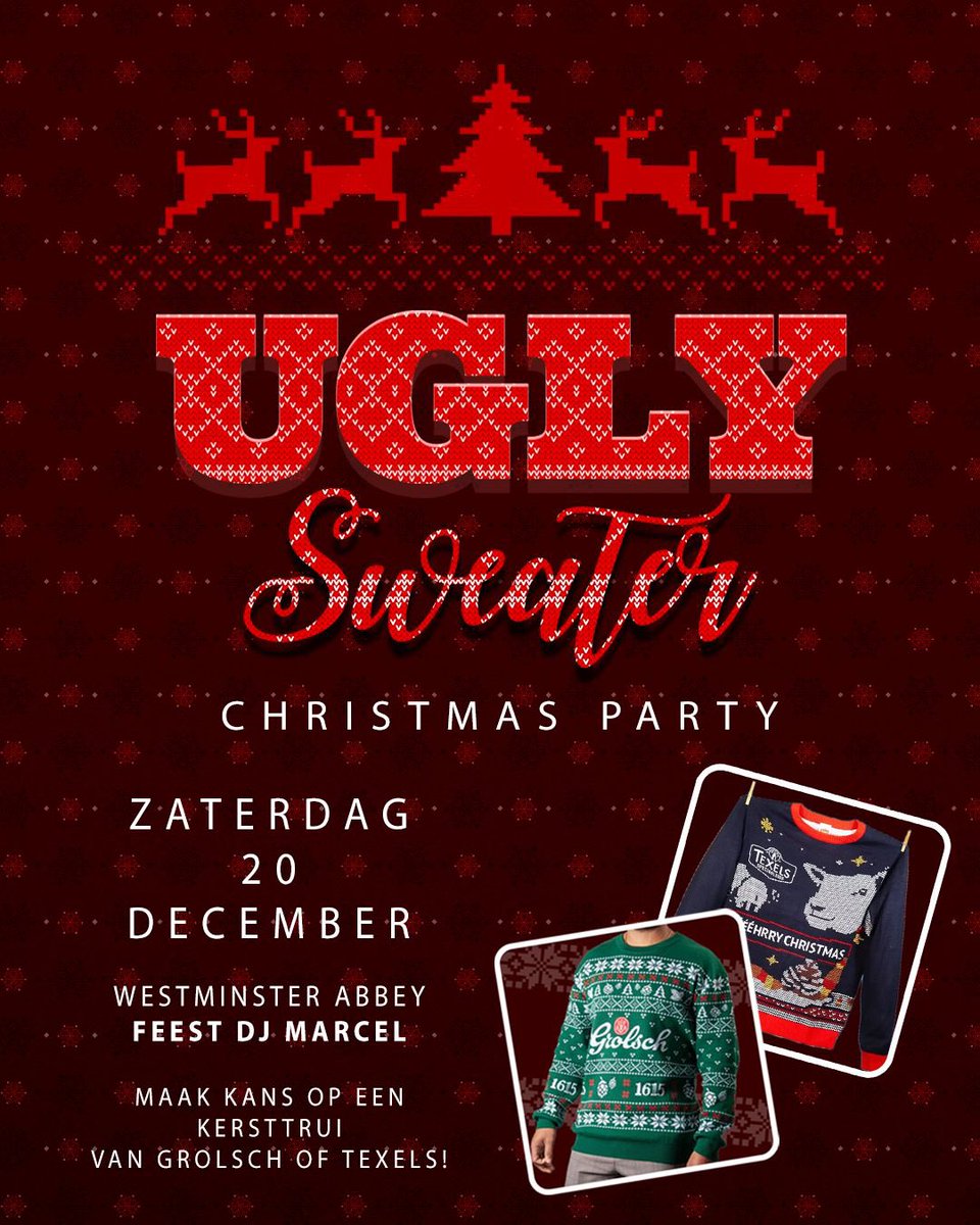 Zaterdag 20 december vanaf 20:00 uur🎄
Met Feest DJ Marcel 🎉 met o.a. de grootste kersthits🎄🎤🎶
Kom in je foute kersttrui, maak een foto met onze photobooth post deze op je Instagram en maak kans op een van onze foute kersttruien van @grolsch 🍻of @texelsbier 🐑