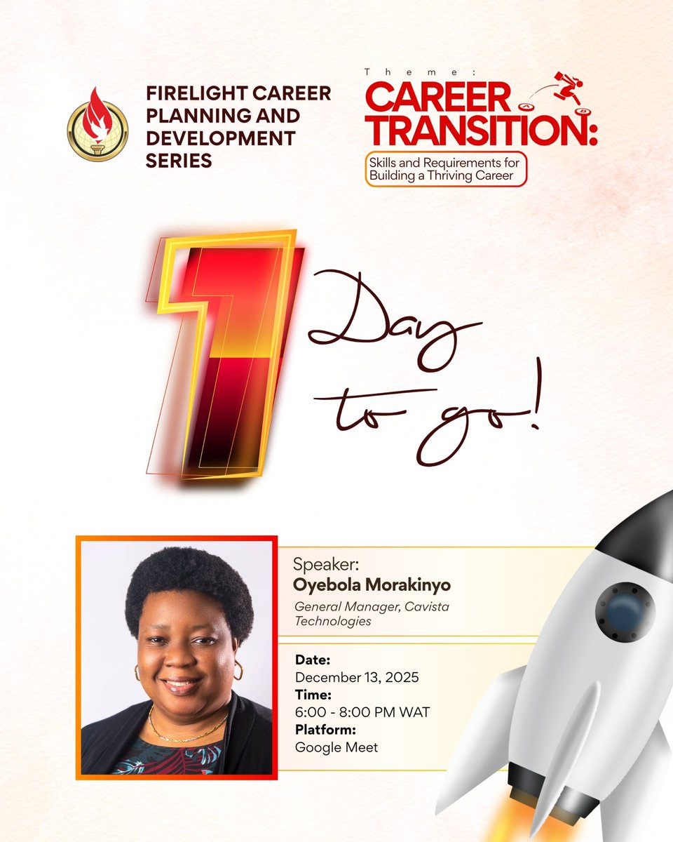 Just one more sleep before the FireLight Career Planning &amp; Development Series.  Career Transition: Skills and Requirements for Building a Thriving Career.

Are you ready? Your next chapter is almost here.

Register Here👇

forms.gle/yzncVhSxX3j1DS…
