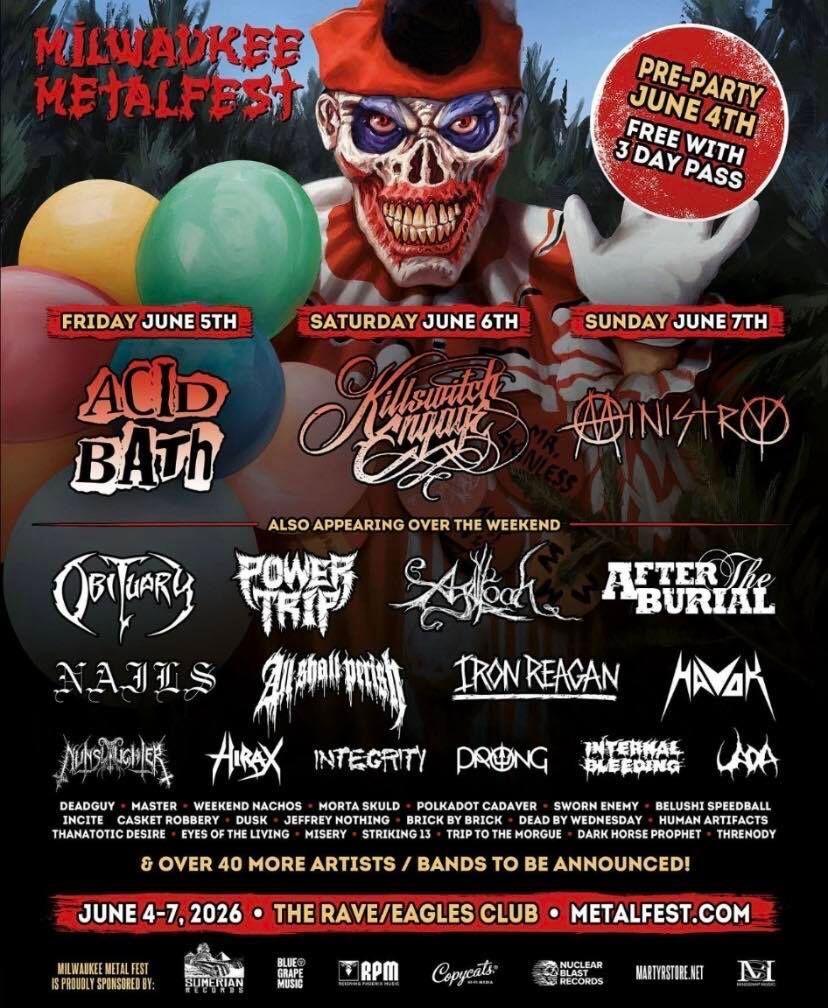 RazorToWristRec's tweet image. Polkadot Cadaver is playing Milwaukee Metalfest on June 5th, 2026.
Tickets go on sale December 15th:
therave.com/metalfest