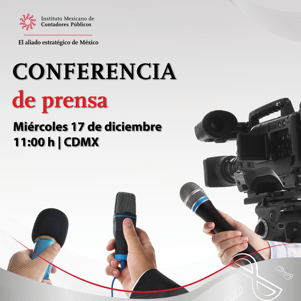 📢 Te invito este miércoles 17 de diciembre a las 11 h a nuestra Conferencia de Prensa Mensual.
Será un espacio para compartir los avances, retos y temas clave para nuestra profesión.
Sigue la transmisión en las redes oficiales del IMCP

#IMCP #ContaduríaAlServicioDeLaSociedad 🫡