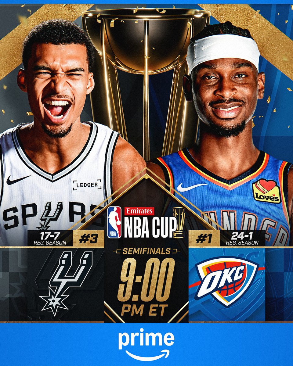 WEMBY RETURNING.
THUNDER ROLLING.
@emirates NBA Cup championship berth on the line!
🏆 OKC: 24-1, 16-game win streak
🏆 SAS: 17-7, best start since 2016-17
🏆 Shai: 96 straight games w/ 20+ points
🏆 Wemby: 97 straight games w/ a block
Tipoff: 9pm/et on Prime