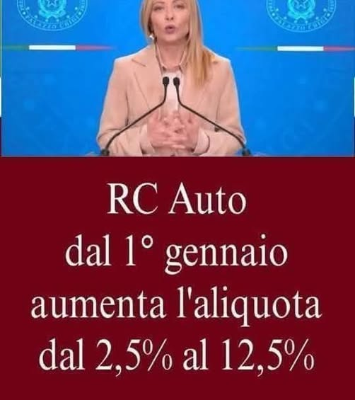 serebellardinel's tweet image. Come previsto in #Manovra,da gennaio 2026,per polizza RC Auto relativa ad infortunio conducente ed assistenza stradale aumenta significativamente aliquota,che passa da 2,5% a 12,5%!"E' colpa del #Superbonus di #Conte", dirà questa ciarlatana incapace che avete votato! IMBECILLI!