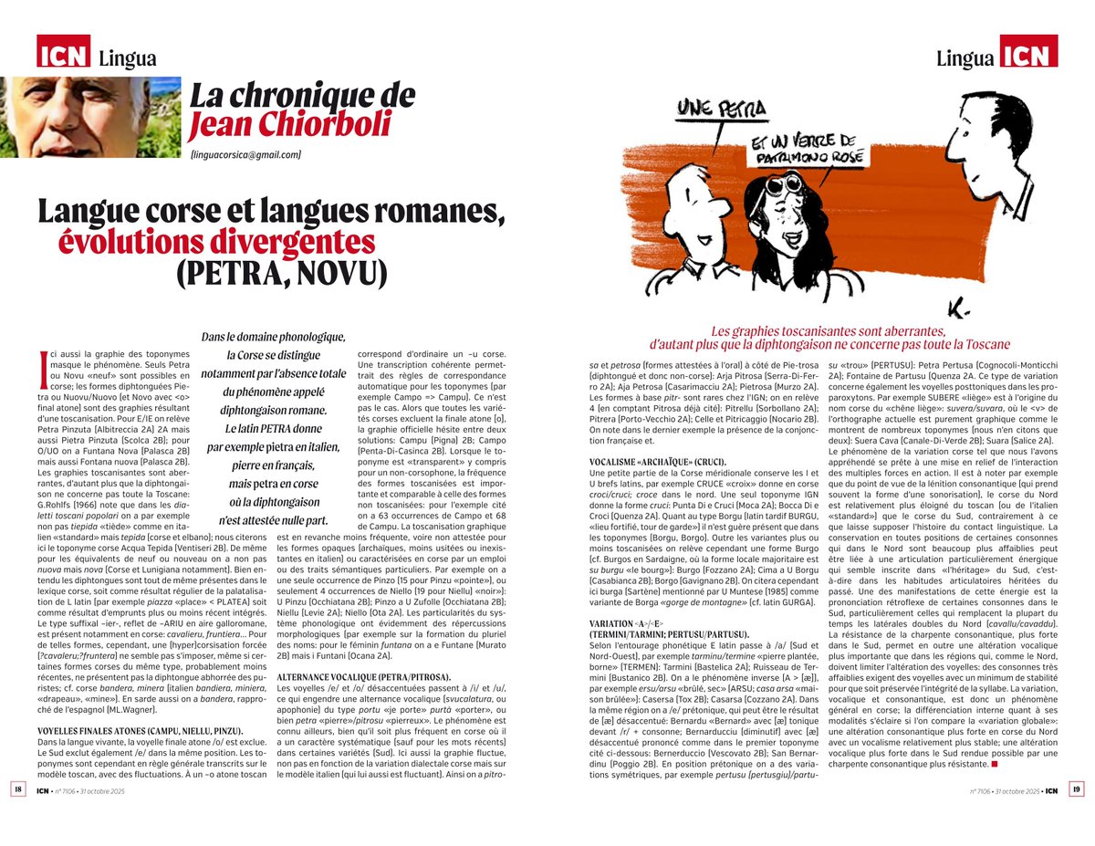 Langue corse et langues romanes, évolutions divergentes: PETRA, NOVU (Jean Chiorboli, icn.corsica, vendredi 31 octobre 2025, chronique 98). Contact, infos &amp; texte intégral: linguacorsica@gmail.com