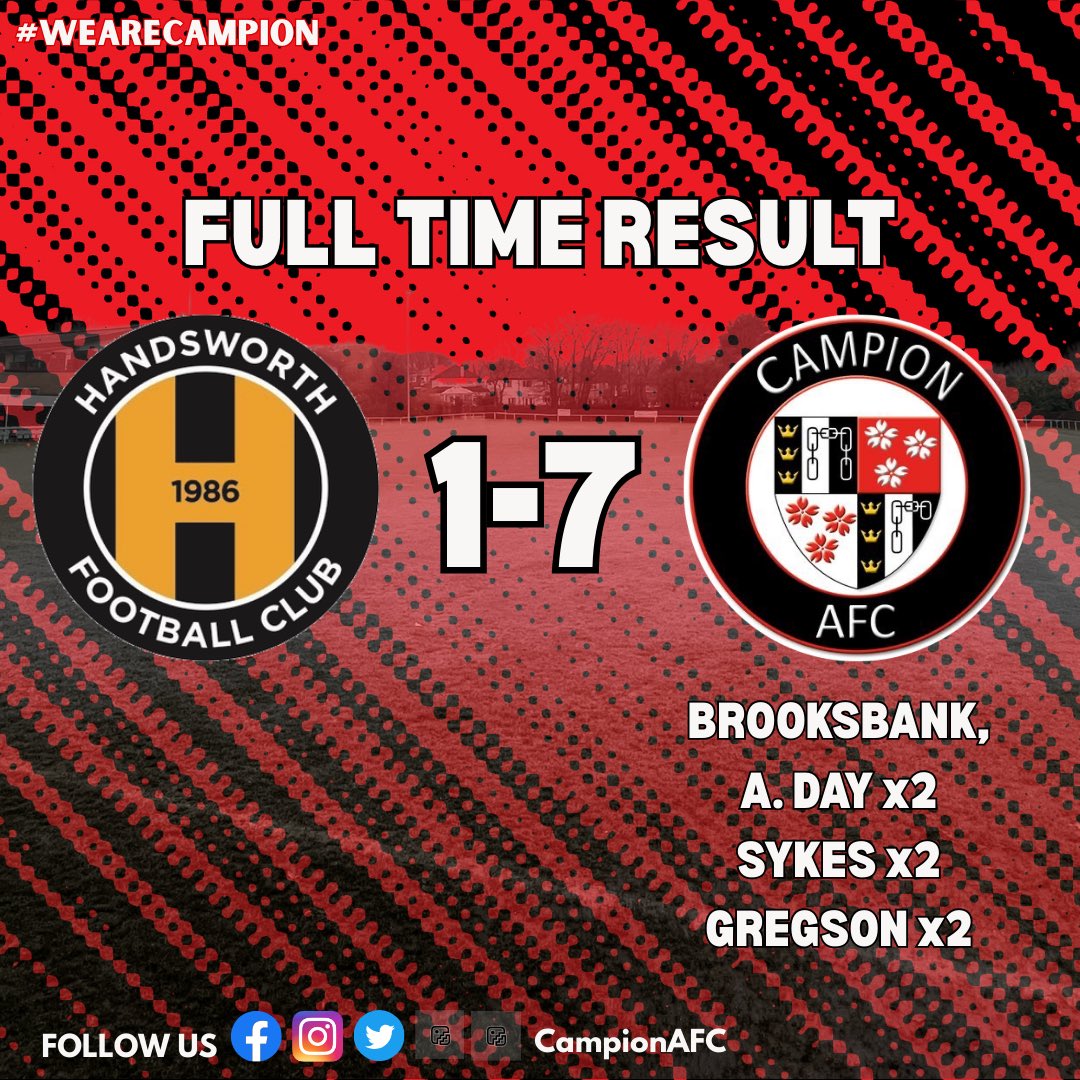 FULL TIME 🔴⚫️

⚽️ Handsworth FC 1–7 Campion AFC

An absolutely unbelievable performance from the lads! 👏🔥

Goalscorers:
⚽️ Brooksbank
⚽️⚽️ Day
⚽️⚽️ Sykes
⚽️⚽️ Gregson

A huge team effort and a result to be proud of on the road! 💪
Up the Campion!

#WeAreCampion