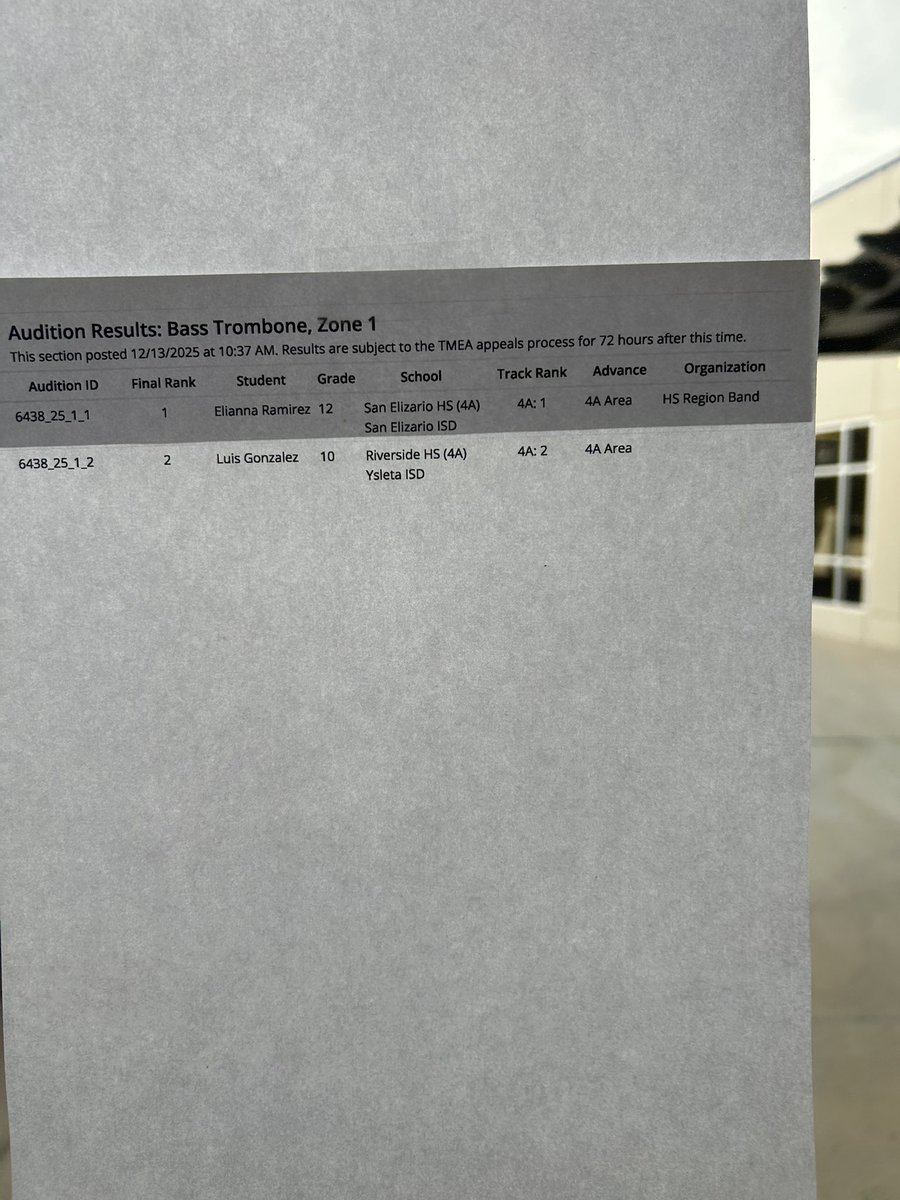SEHSEAGLEBAND's tweet photo. AND we have our first area qualifier!! Congratulations to senior Elianna Ramirez on getting first chair in the ATSSB Region 22 honor band on Bass Trombone and qualifying for the area around in Lubbock in January!! #SEHSTheBest https://t.co/EwRwDIXbFi