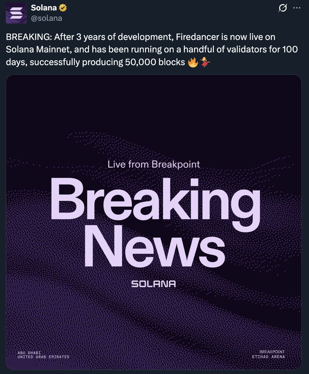 🔥 Firedancer is now live on Solana mainnet. The Jump Crypto–built  validator client has exited controlled testing, strengthening network  performance and coinciding with a 5% rally in $SOL, pushing prices toward  $140.