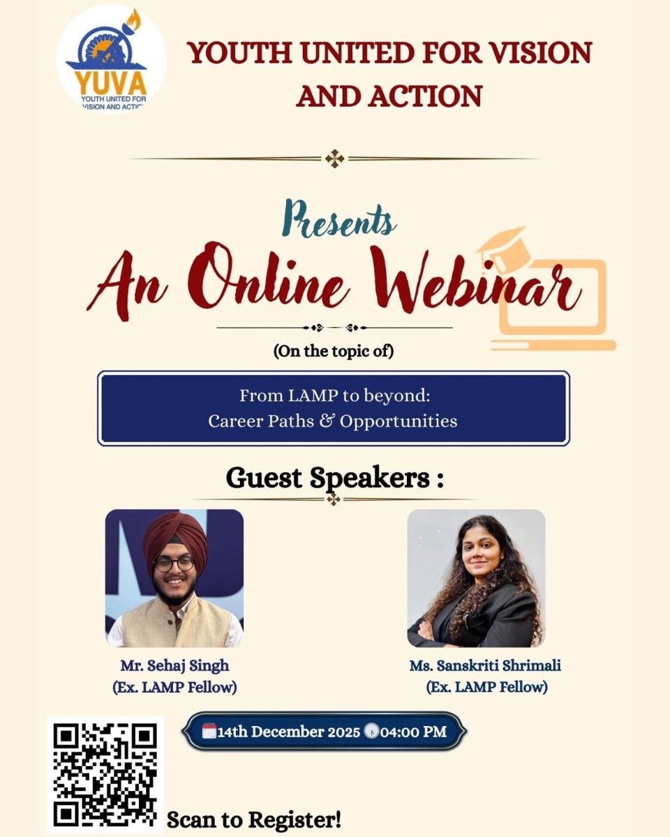 *Unlock Your Potential: Explore Career Paths and Opportunities with LAMP Fellows* 🌟

Youth United for Vision and Action (YUVA) presents an exclusive online webinar:

*"From LAMP to Beyond: Career Paths &amp; Opportunities"*💫

Join us for an insightful session with distinguished