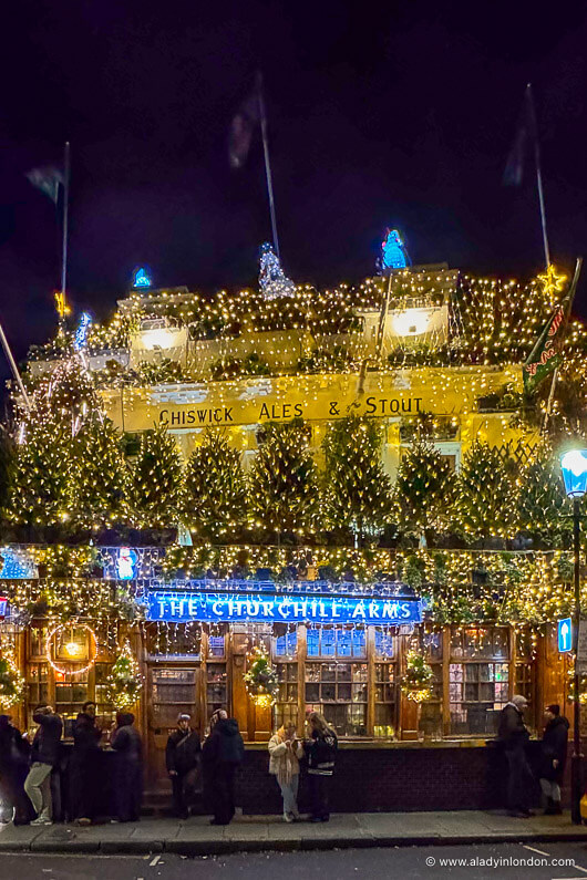 Best Christmas  Pub Decorations in London. For the ultimate festive London Christmas pub experience, The Churchill Arms in Kensington Church Street  wins for jaw-dropping decorations (trees, lights!).
