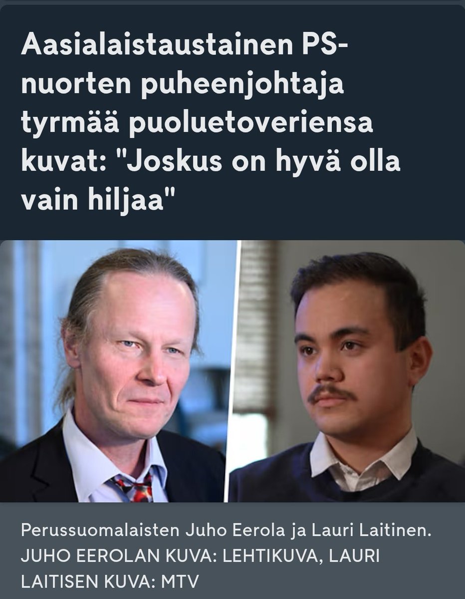 taskivei's tweet image. Pikku Lauri ei ymmärrä.

Ps nuorten entinen puheenjohtaja, puoliksi aasialainen Lauri Laitinen ei ymmärrä puoluetovereidensa somessa julkaisemia silmienvenyttelykuvia.

Kuka selittäisi Laurille, että persut ovat rasisteja.