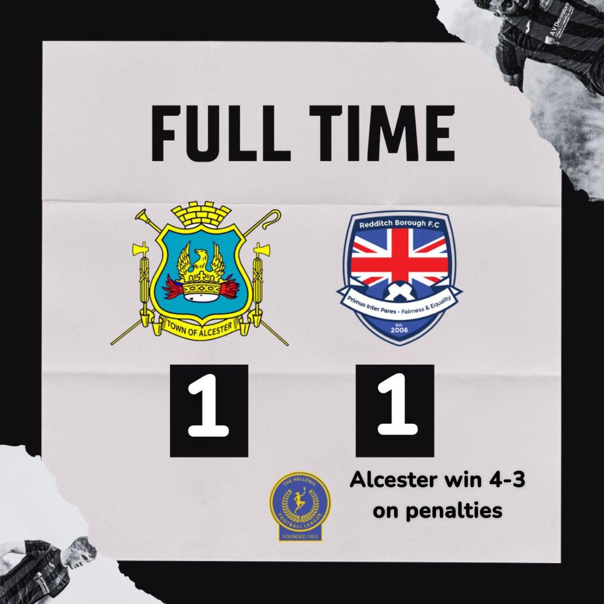 𝗙𝗨𝗟𝗟 𝗧𝗜𝗠𝗘 |

Alcester Town 1 - 1 Redditch Borough 
**The Romans win 4-3 on penalties

⚽️ A Xavier  

A fine performance against a good Redditch Borough outfit!! Thank you to those spectators in attendance 

❤️🖤