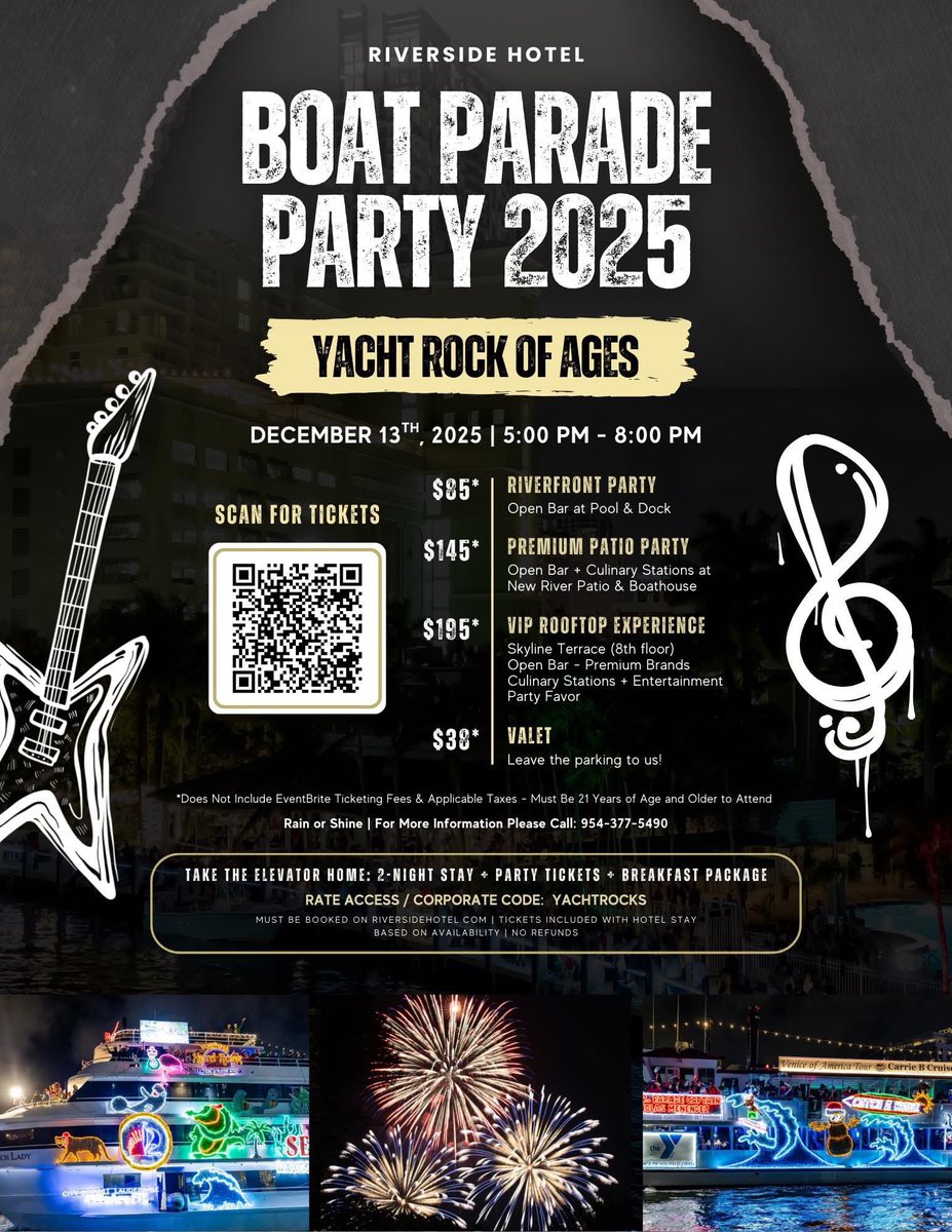 Seminole Hard Rock Winterfest Boat Parade: make your parade viewing special and book your party tickets at the Riverside Hotel. Click on riversidehotel.com