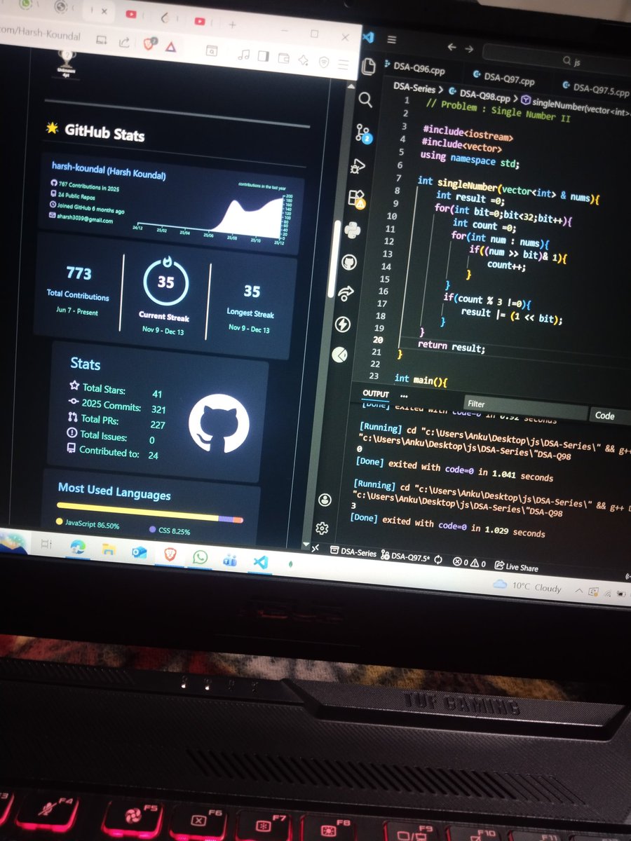 aharsh3039's tweet image. Day 35 of my 365 Days Coding Journey 🚀
Holiday from my internship today, but still showed up.
Spent the day enhancing my skills and practicing DSA in C++.
Consistency doesn’t take holidays 💻🔥

#Day35 #365DaysOfCode #DSAinCPP #CodingJourney #Consistency