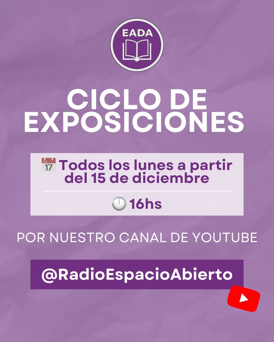 eada_ok's tweet photo. 🎙️ A partir del lunes 15 de diciembre comienza el Ciclo de Exposiciones de Espacio Abierto.
Un espacio para reflexionar debatir los desafíos actuales y compartir ideas entre colegas.

📅 Todos los lunes
🕓 16 hs
📍Por nuestro canal de YouTube: @RadioEspacioAbierto https://t.co/RhXocHPZPT