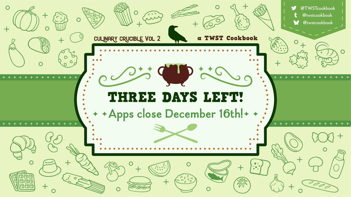 🪞THREE DAYS LEFT🪞

You've got just three days remaining to apply for the cookbook! We've gotten some fantastic applications so far, we'd love to see yours, too!
