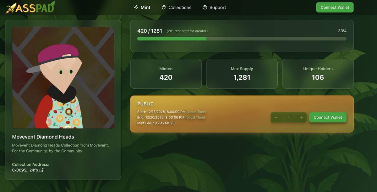 moveventxyz's tweet image. 33% of the Movevent Diamond Heads collection minted in the first 24 hours! 💎🔥

The momentum is real.
The Public Mint remains open for the next 7 days, so there’s still time — but the early pace speaks for itself.

Mint while it’s live 👇
🔗 asspad.gorilla-moverz.xyz/mint/0x0095ee0…