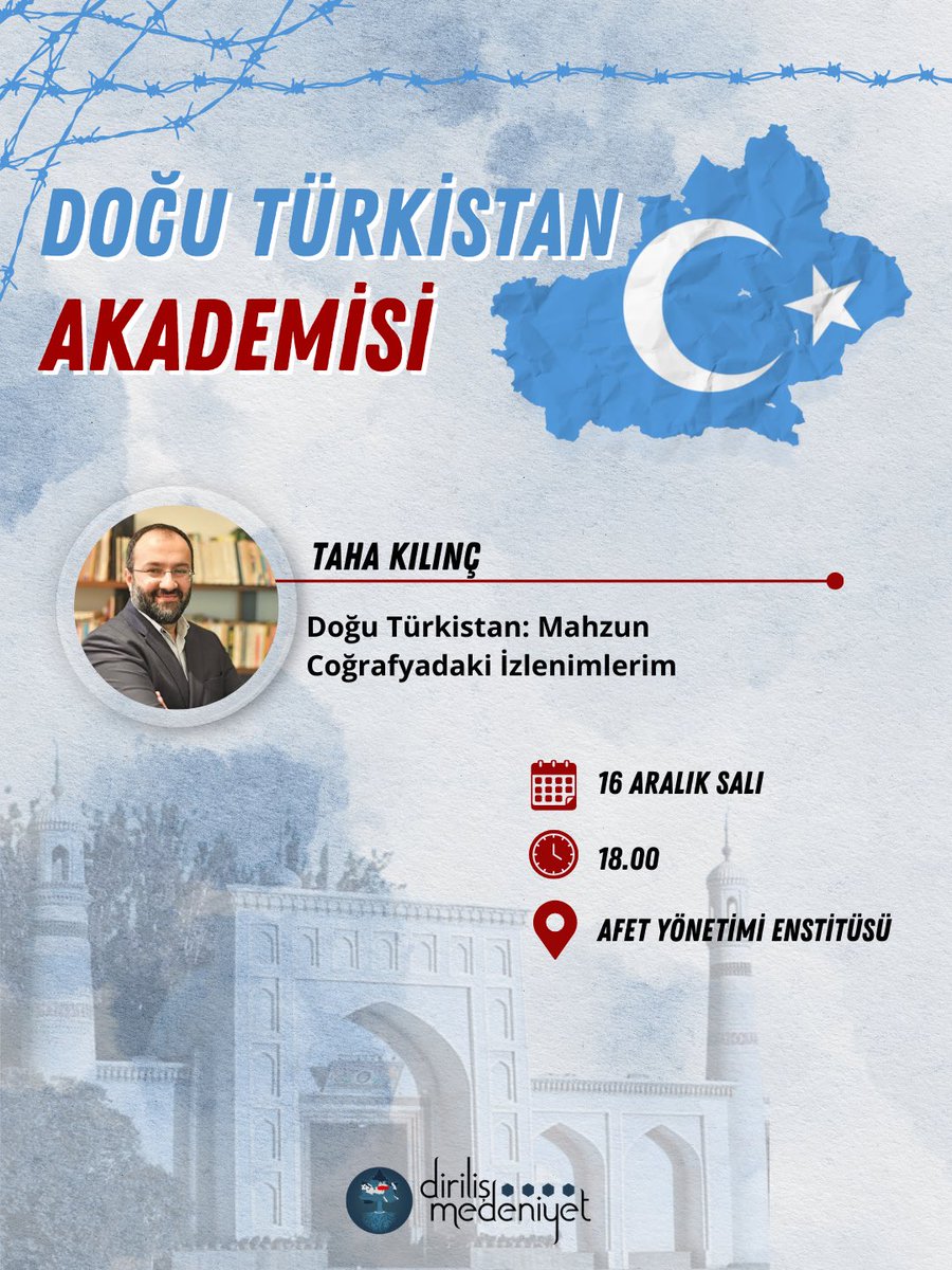Doğu Türkistan Akademimizin son konferansında Taha Kılınç abimizin katılımıyla gerçekleştireceğimiz "Doğu Türkistan:Mahzun Coğrafyadaki İzlenimlerim" konulu seminerimize davetlisiniz…

Bu seminer tahlilimizde ele alınanacak meselelerin ışığında yeni perspektiflerle hem geçmişi