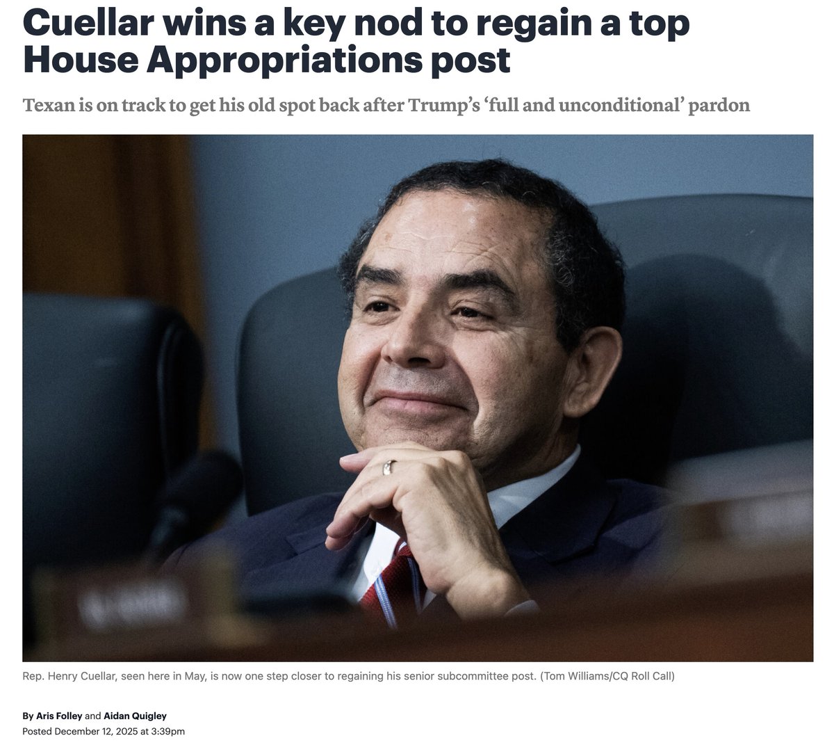 stephensemler's tweet image. You've got to be kidding me, @AppropsDems: "Democrats on the House Appropriations Committee voted Thursday to recommend reinstalling Rep. Henry Cuellar as the ranking member of the panel’s Homeland Security subcommittee, after...Trump pardoned [Cuellar] for alleged bribery."