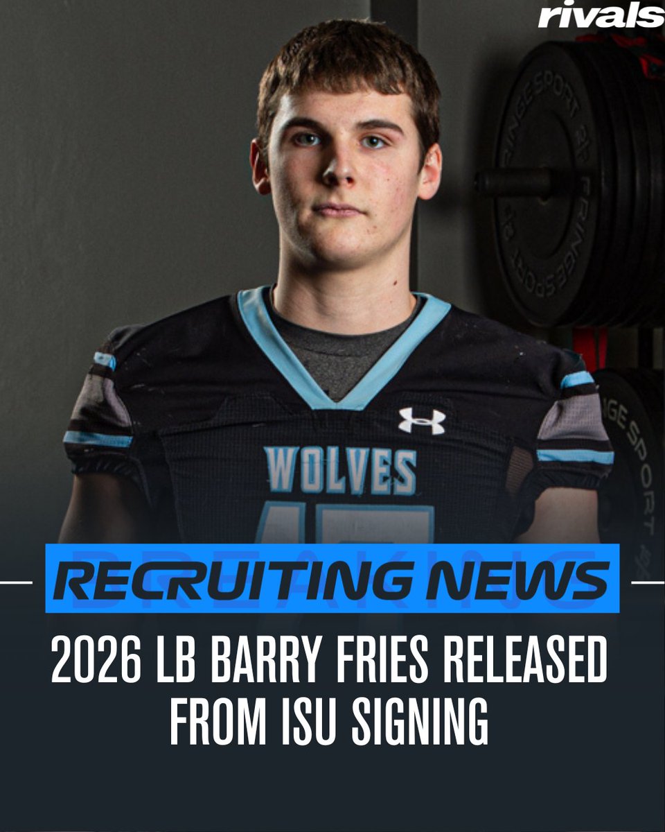Rivals's tweet photo. 🚨NEWS🚨 LB Barry Fries has been released from his signing with Iowa State.

Read: https://t.co/NTuUHP6uU1 https://t.co/DT2bYdWlco