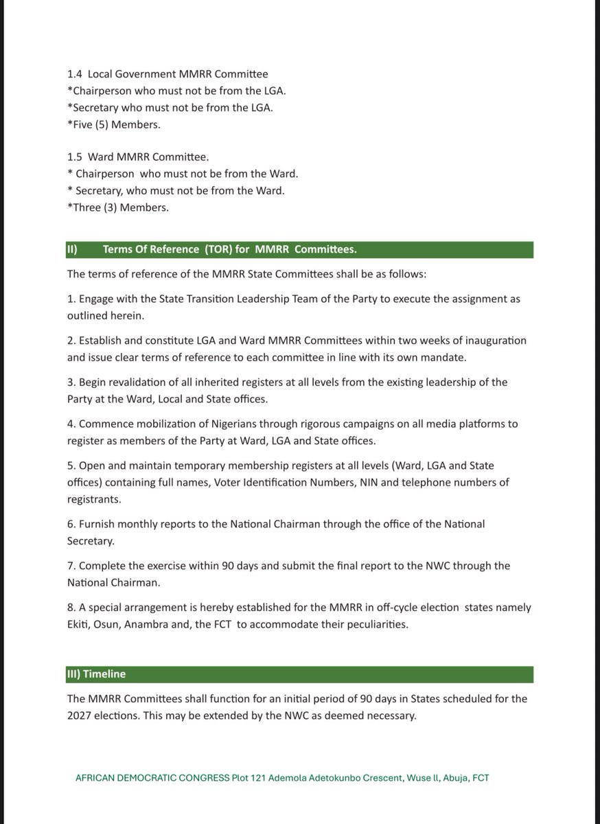 BolajiADC's tweet photo. FOR IMMEDIATE RELEASE
PRESS STATEMENT

DECEMBER 13, 2025

ADC Commences Membership Registration, Approves Congresses, Convention Dates.
 
The African Democratic Congress (ADC) has declared a 90-day nationwide membership Mobilisation, Revalidation, and Registration (MMRR). The party also announced provisional dates for its congresses and the election of delegates at the polling unit, ward, local government.
 
According to circulars issued by the National Secretary, Ogbeni Rauf Aregbesola, the congresses have been provisionally slated to hold between January 20-27, 2026 and will culminate in the Non-Elective National Convention in February 2026 in Abuja.
 
In a statement issued by its National Publicity Secretary, Mallam Bolaji Abdullahi on Saturday, the party said these activities are announced in line with the conclusions of its National Working Committee (NWC) meeting held on 27th November, 2025, and in accordance with the relevant provisions of the party’s Constitution.

Signed:
 
Mallam Bolaji Abdullahi
National Publicity Secretary
African Democratic Congress (ADC)