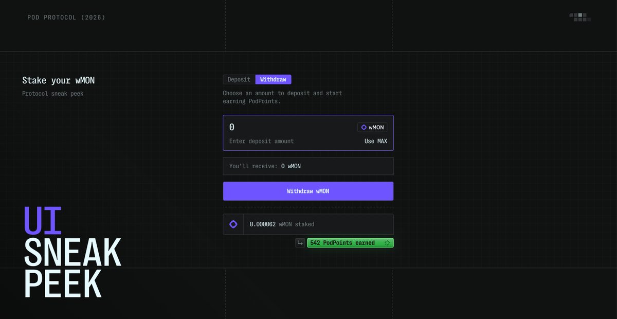 stake $MON
earn $POD points
withdraw anytime

simple surface.
serious infra underneath.
permissionless tokenized vaults — finally done right.

soon
powered by <a href="/monad/">Monad (mainnet arc)</a>