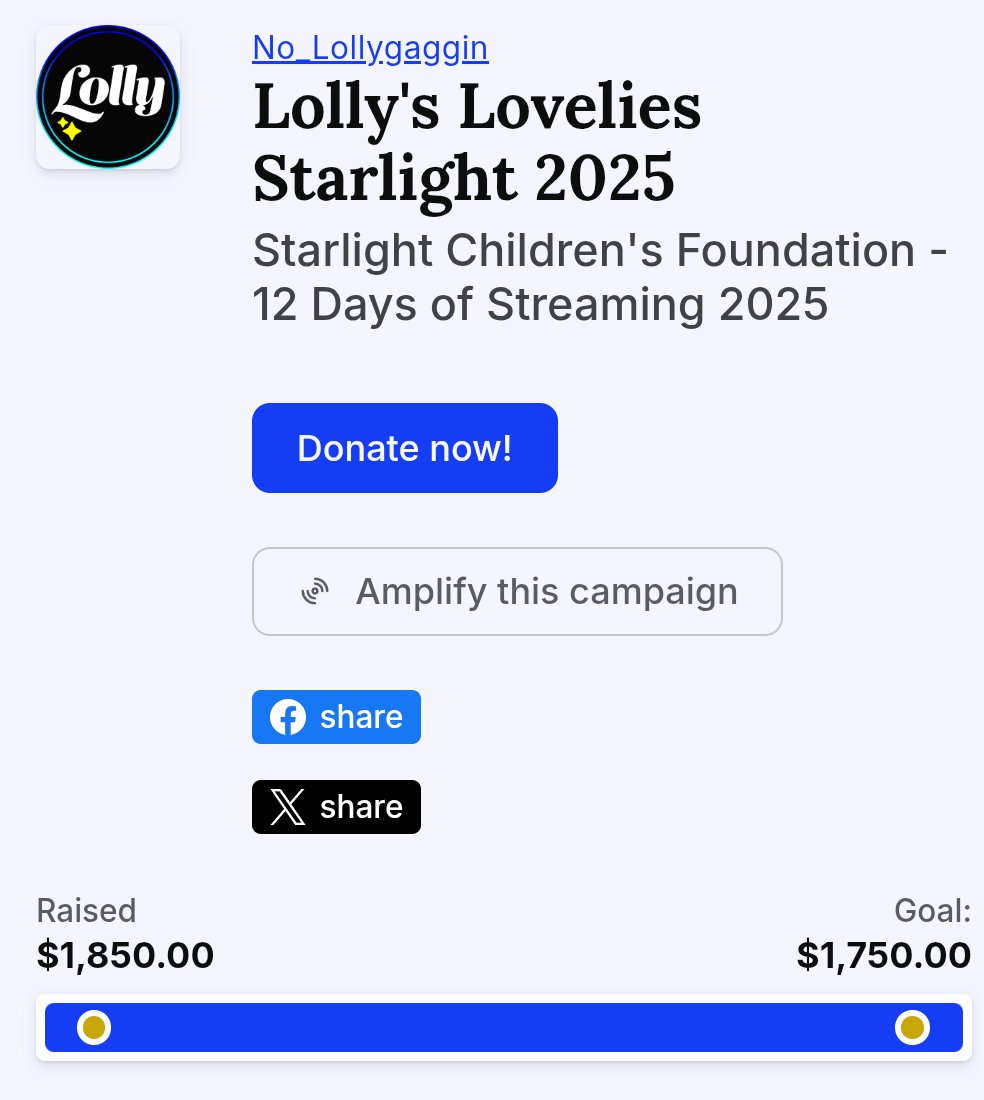 $1,850 raised by all of you for <a href="/StarlightUS/">starlightUS</a>! What a great cause to support during the Season of Giving. Thank you to everyone who watched, shared, and donated during the campaign! And thank you to all of my teammates with <a href="/StreamerCharity/">StreamersForCharity</a> who rallied their communities as well.