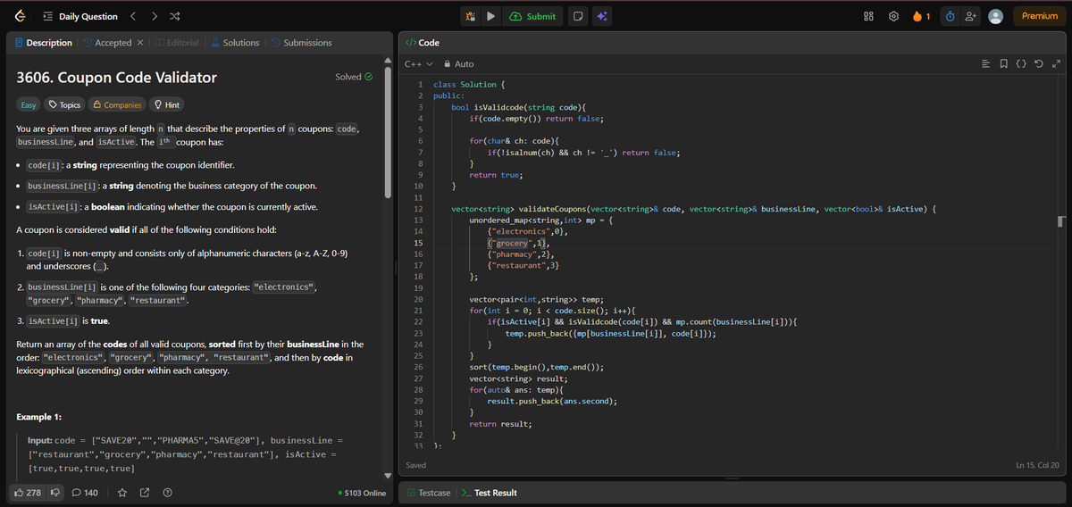 manviCodes's tweet image. ✅Day - 3 of #21DaysOfCode 
🔹#LeetCode PTOD Q3606 Coupon code Validator
#buildinpublic #programming #connect #letsconnect