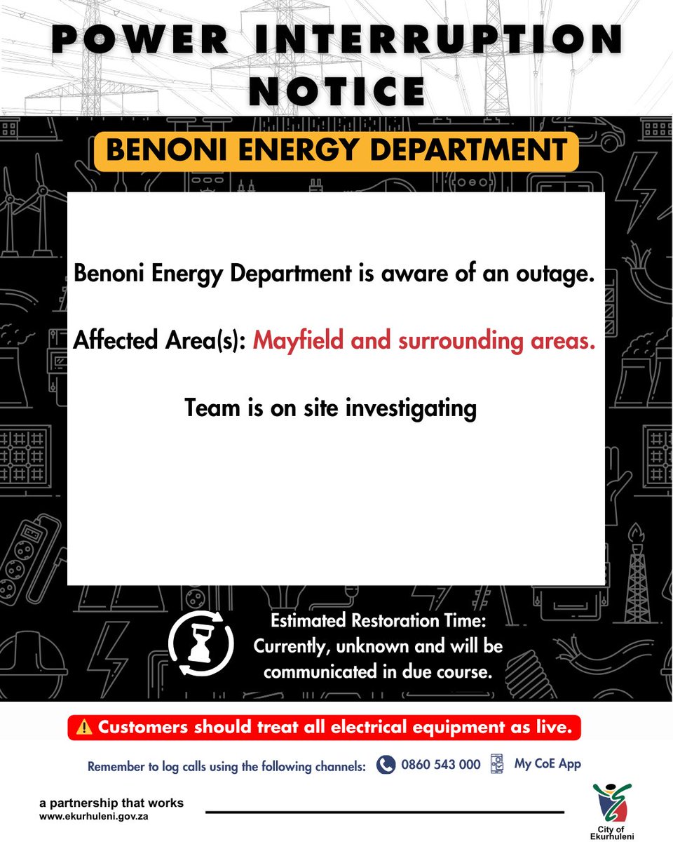 Sanibonani bahlali base Benoni. Please take note of the following power interruption for the areas listed below.

#COEPower #COEWorks