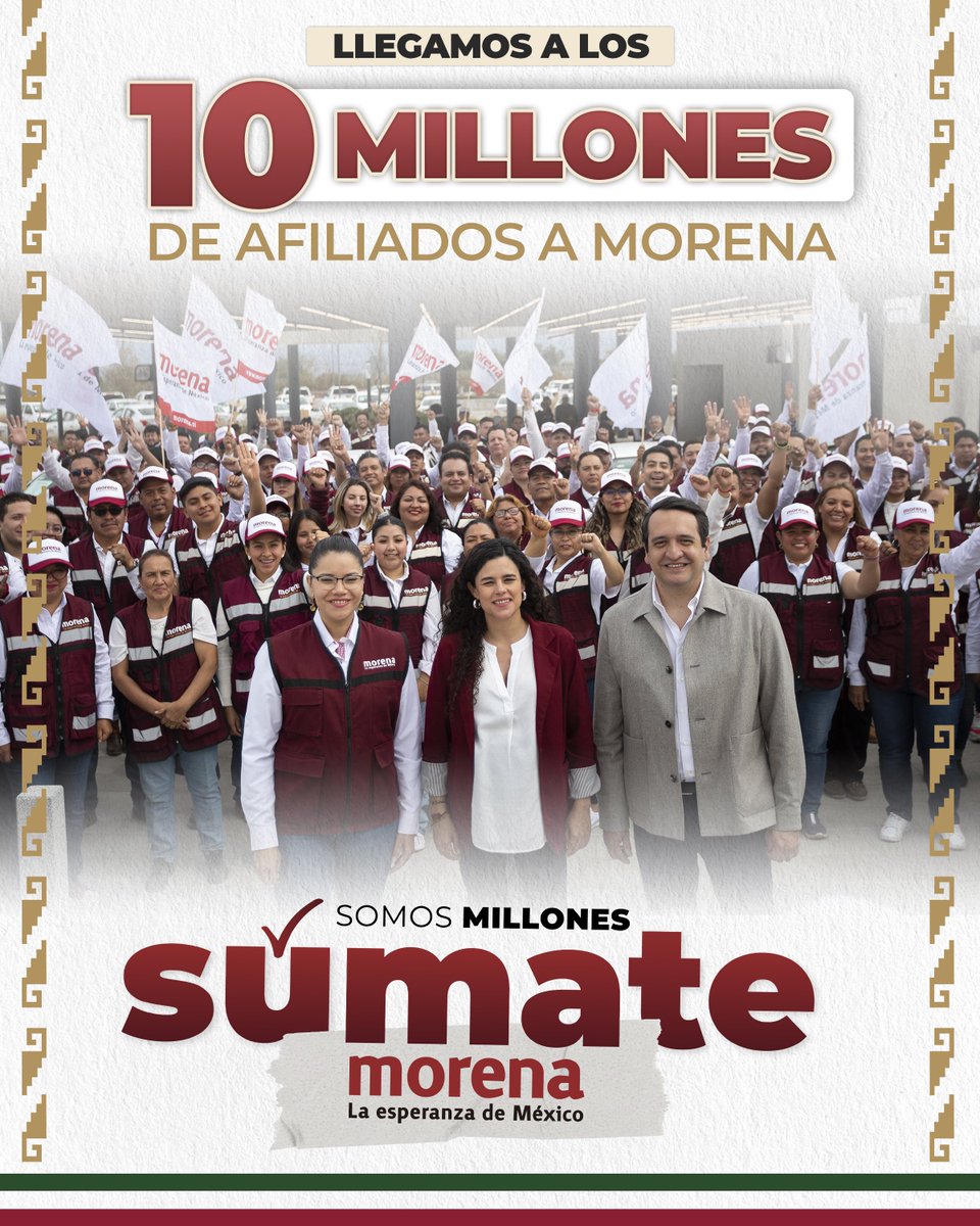 🚨 ¡SEGUIMOS HACIENDO HISTORIA! Con mucha emoción y alegría informamos que alcanzamos la meta de 10 millones de afiliados antes de cumplir un año del arranque de nuestra campaña nacional de afiliación “Súmate a Morena”.

Gracias a los millones de personas que continúan
