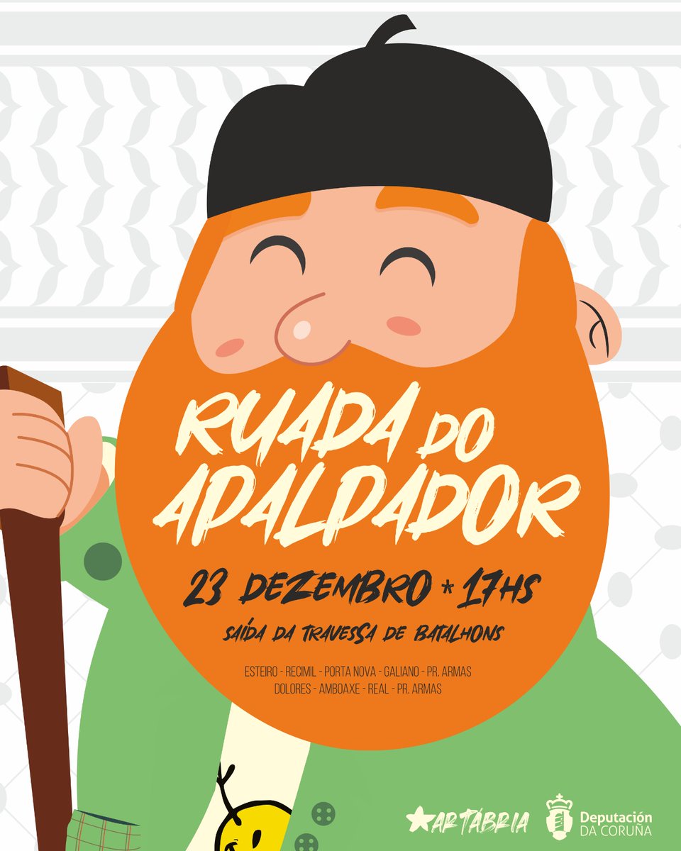 🌰 Ruada do Apalpador 🌰

📆 23 de dezembro
🕑 Saída às 17h 

Percurso: CS Artábria, Carlos III, Ánimas, Espanholeto, Eduardo Pondal, Pascual Veiga, Avenida de Vigo, Praça de Sevilha, Porta Nova, Galiano, Praça do Concelho, Dolores, Amboage, Real, Terra e Cantom.