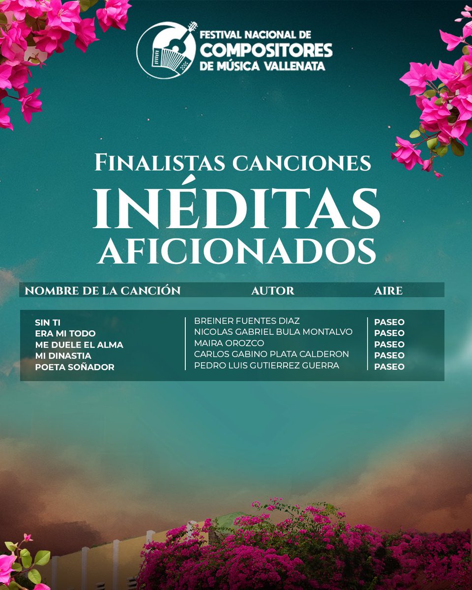 🎶 Finalistas – Concurso Canción Inédita Categoría Aficionados.

De este recorrido musical, 5 compositores avanzan a la final, destacándose por su talento, creatividad y amor por la canción vallenata.
🎤✨ ¡Felicitaciones por este gran paso y que siga sonando la inspiración! 🎼